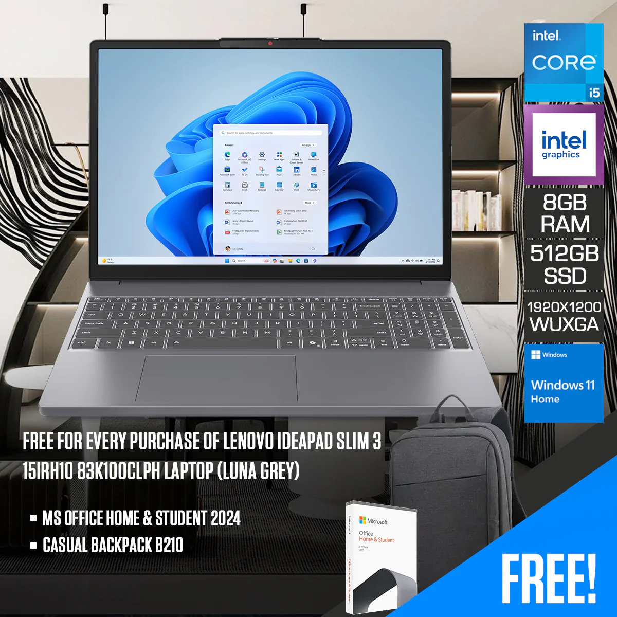 Lenovo Ideapad Slim 3 15IRH10 83K100CLPH Laptop (Luna Grey) | 15.3" WUXGA (1920x1200) | i5-13420H | 8GB RAM | 512GB SSD | Intel Integrated Graphics | Windows 11 Home | MS Office Home & Student 2024 | Casual Backpack B210