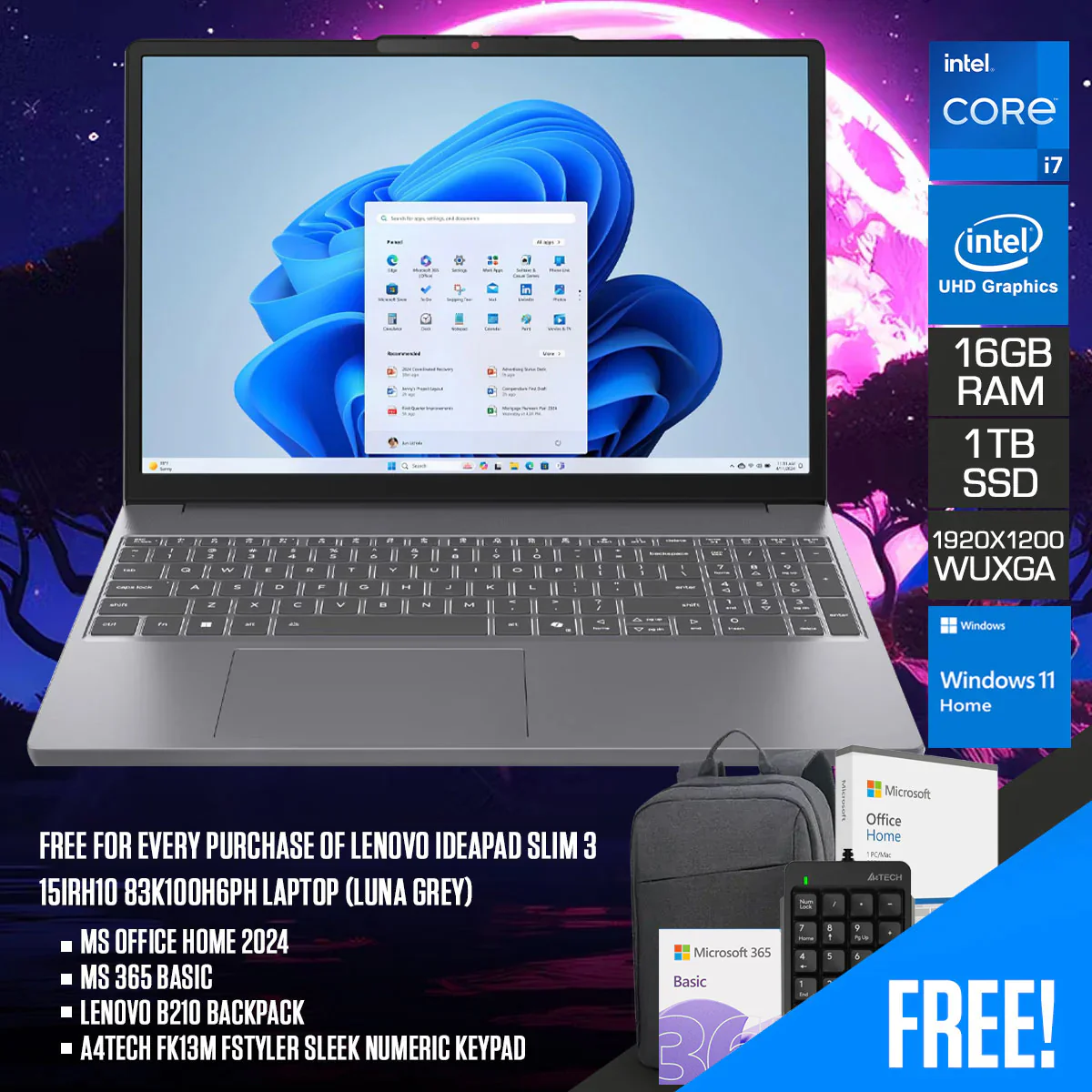 Lenovo IdeaPad Slim 3 15IRH10 83K100H6PH Laptop (Luna Grey) | 15.3" WUXGA (1920x1200) IPS | Core i7-13620H | 16GB RAM | 1TB SSD | Integrated Intel UHD Graphics | Win11 Home | MSOfficeHome2024+MS 365 Basic+Lenovo B210 Backpack+A4Tech FK13M Numeric Keypad