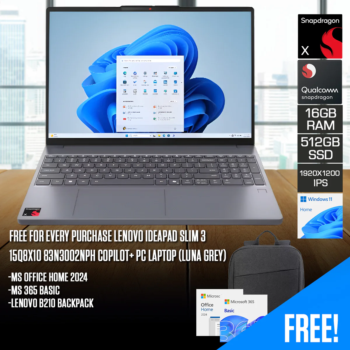 Lenovo IdeaPad Slim 3 15Q8X10 83N3002NPH Copilot+ PC Laptop (Luna Grey) | 15.3" WUXGA (1920x1200) IPS | Snapdragon X X1-26-100 | 16GB RAM | 512GB SSD | Integrated Qualcomm Adreno GPU | Win 11 Home | MS Office Home 2024 + MS 365 Basic + B210 Backpack