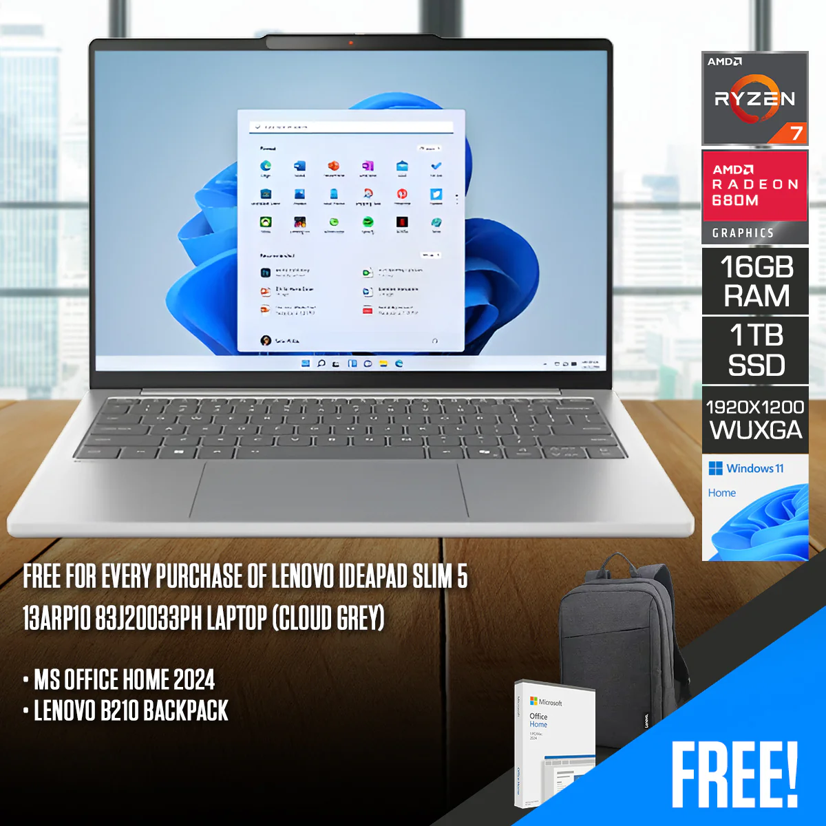Lenovo IdeaPad Slim 5 13ARP10 83J20033PH Laptop (Cloud Grey) | 13.3" WUXGA (1920x1200) IPS | Ryzen 7 7735HS | 16GB RAM | 1TB SSD | AMD Radeon 680M Graphics | Windows 11 Home | MS Office Home 2024 + Lenovo B210 Backpack