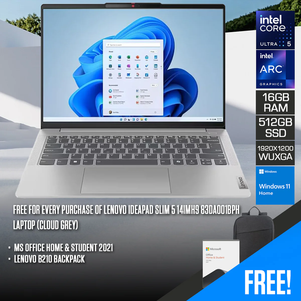 Lenovo IdeaPad Slim 5 14IMH9 83DA001BPH Laptop (Cloud Grey) | 14" WUXGA (1920x1200) IPS | Ultra 5 125H | 16GB RAM | 512GB SSD | Intel Arc Graphics | Windows 11 Home + MS Office Home & Student 2021 + Lenovo B210 Backpack