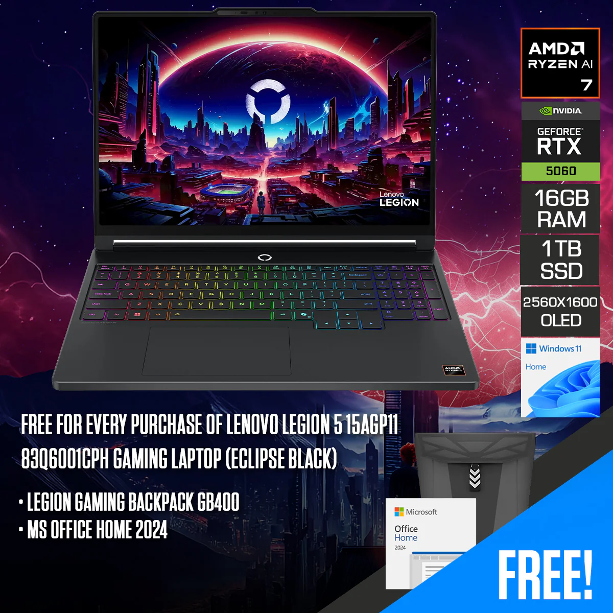 Lenovo Legion 5 15AGP11 83Q6001CPH Gaming Laptop (Eclipse Black) | 15.3" WQXGA (2560x1600) OLED 165Hz | Ryzen AI 7 450 | 16GB RAM | 1TB SSD | RTX 5060 | Windows 11 Home | MS Office Home 2024 + Legion Gaming Backpack GB400