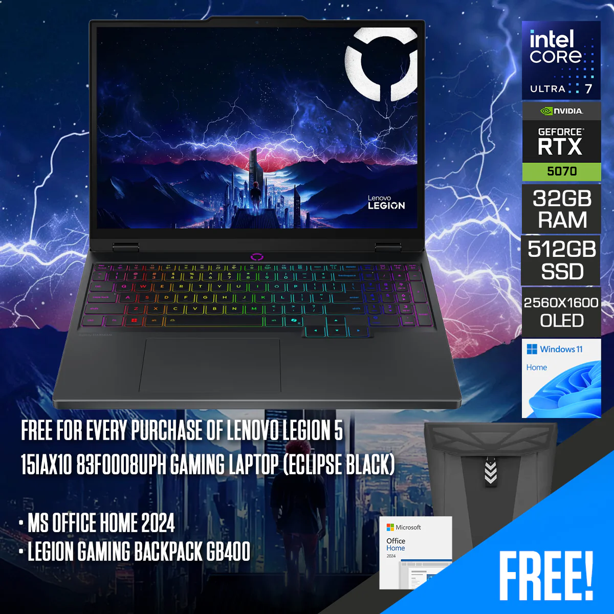 Lenovo Legion 5 15IAX10 83F0008UPH Gaming Laptop (Eclipse Black) | 15.1" WQXGA (2560x1600) OLED 165Hz | Core Ultra 7 255HX | 32GB RAM | 512GB SSD | RTX 5070 | Windows 11 Home | MS Office Home 2024 + Legion Gaming Backpack GB400