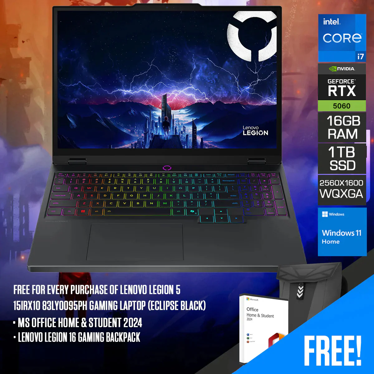 Lenovo Legion 5 15IRX10 83LY0095PH Gaming Laptop (Eclipse Black) | 15" WQXGA (2560x1600) OLED 165Hz | Intel Core i7-14700HX | 16GB RAM | 1TB SSD | RTX 5060 | Win11 Home | MS Office H & S 2024 + Lenovo Legion 16 Gaming Backpack