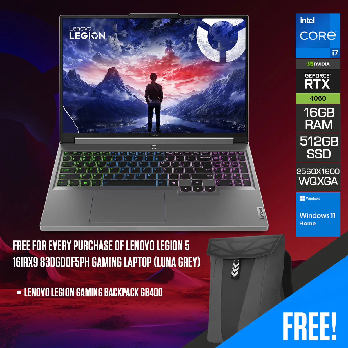 Lenovo Legion 5 16IRX9 83DG00F5PH Gaming Laptop (Luna Grey) | 16" WQXGA (2560x1600) IPS 165Hz | i7-13650HX | 16GB RAM | 512GB SSD | RTX 4060 | Windows 11 Home | Lenovo Legion Gaming Backpack GB400