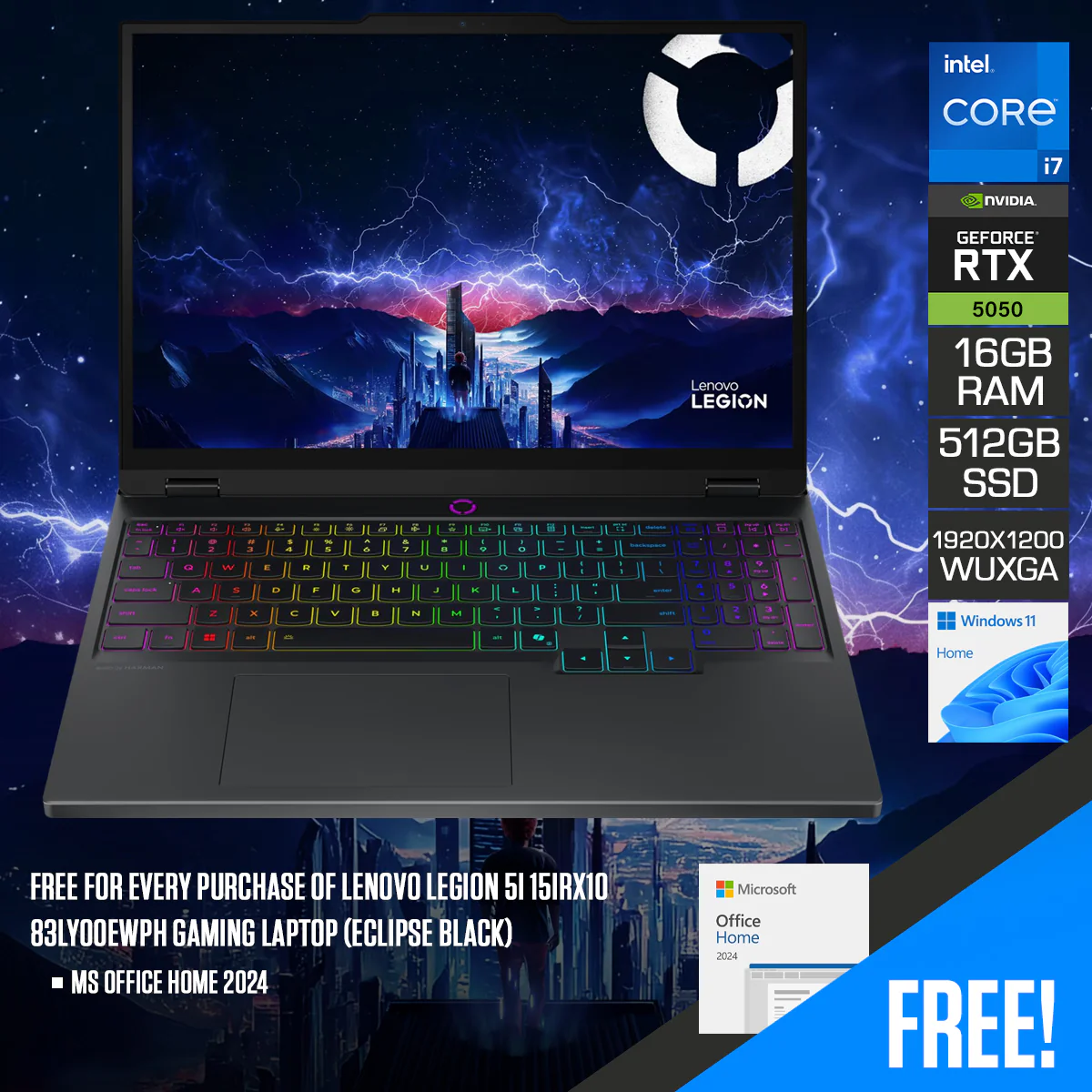 Lenovo Legion 5i 15IRX10 83LY00EWPH Gaming Laptop (Eclipse Black) | 15.3" WUXGA (1920x1200) IPS 165Hz | Core i7-13650HX | 16GB RAM | 512GB SSD | RTX 5050 8GB | Windows 11 Home | MS Office Home 2024