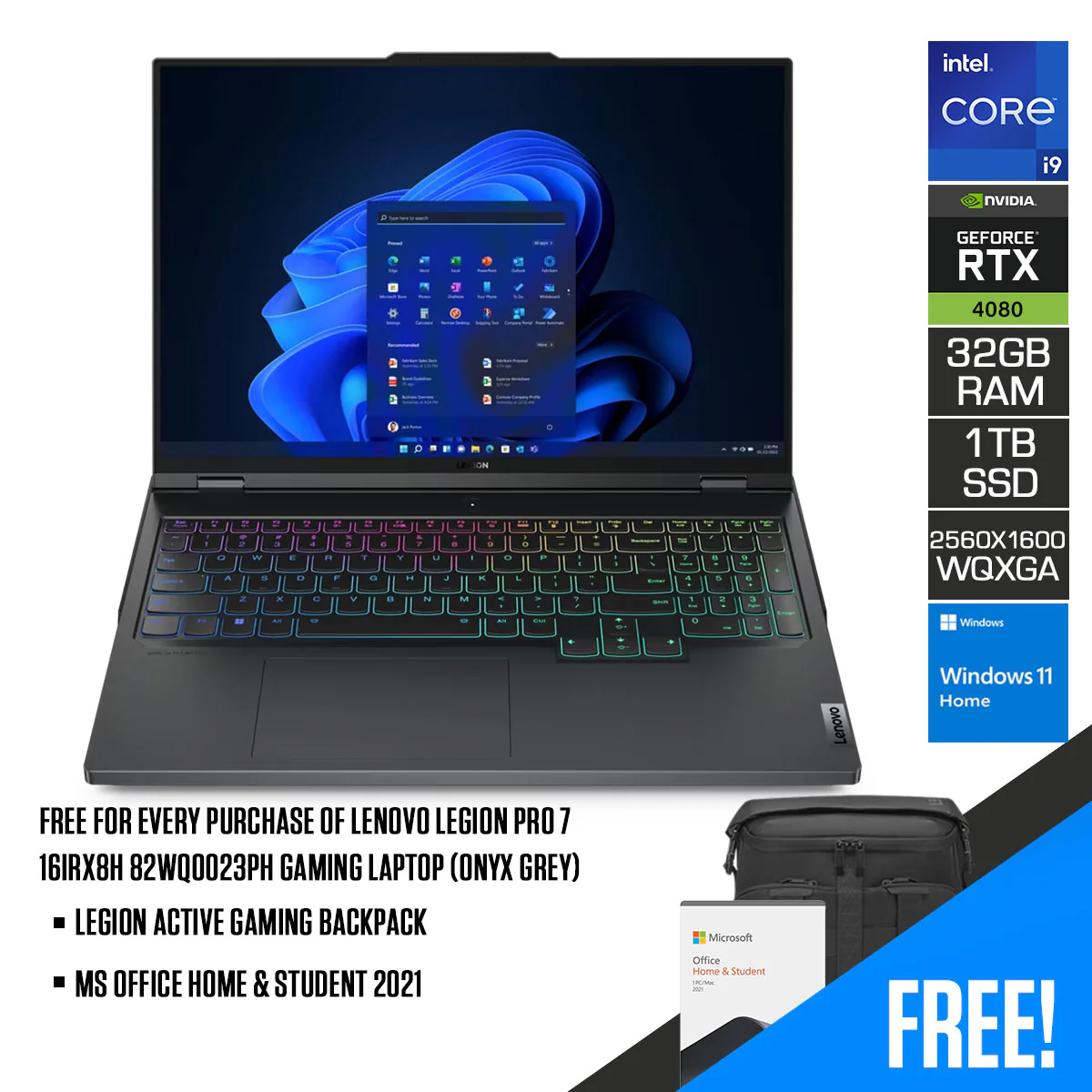 Lenovo Legion Pro 7 16IRX8H 82WQ0023PH Gaming Laptop (Onyx Grey) | 16" WQXGA (2560x1600) IPS | i9-13900HX | 32GB RAM | 1TB SSD | RTX 4080 | Windows 11 Home + MS Office H & S 2021 + Legion Active Gaming Backpack + Arkdesk Series Manual Cranking Desk - Image 9
