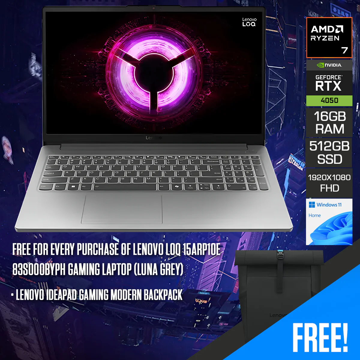 Lenovo LOQ 15ARP10E 83S000BYPH Gaming Laptop (Luna Grey) | 15.6" FHD (1920x1080) IPS 144Hz | Ryzen 7 7735HS | 16GB RAM | 512GB SSD | RTX 4050 | Windows 11 Home | Lenovo IdeaPad Gaming Modern Backpack