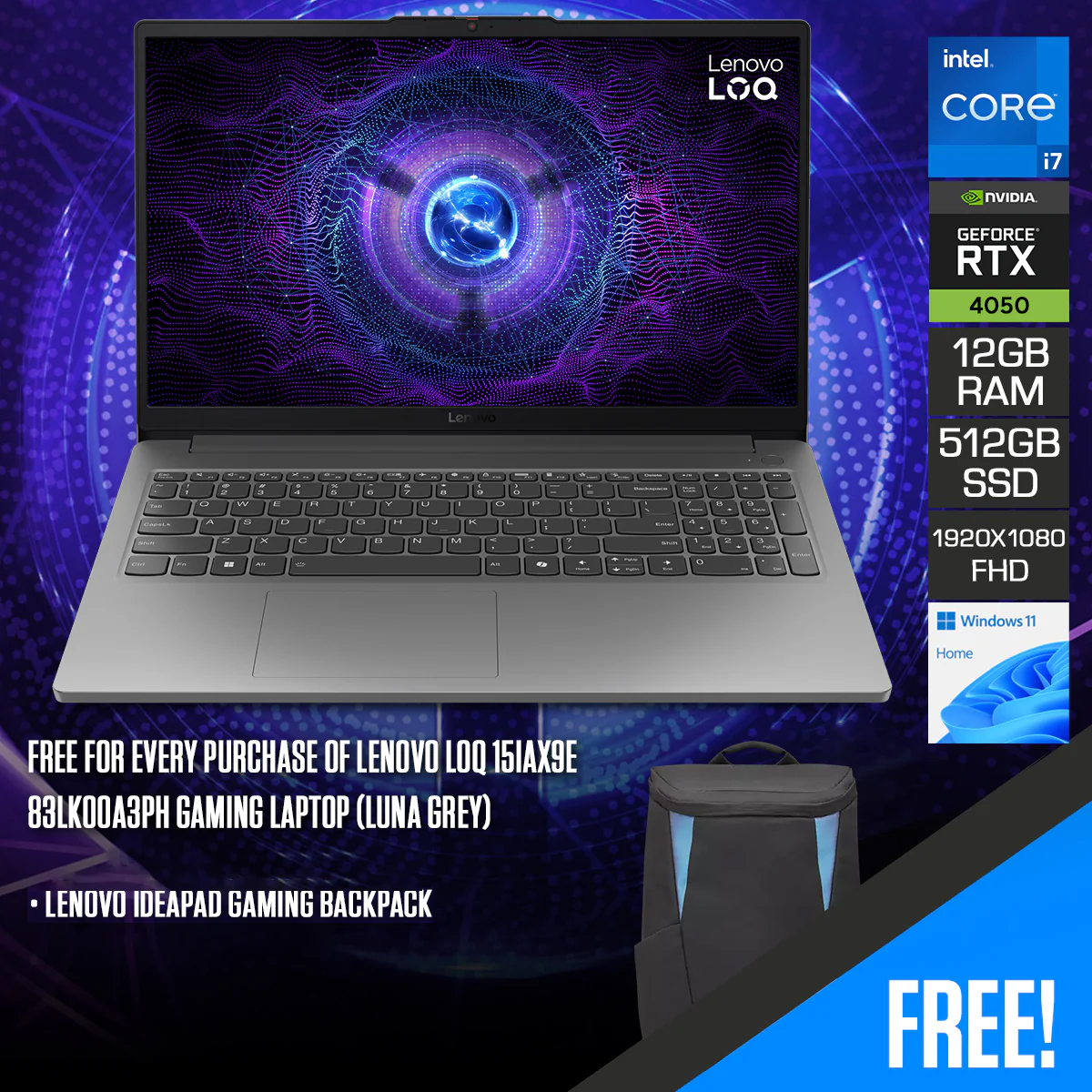 Lenovo LOQ 15IAX9E 83LK00A3PH Gaming Laptop (Luna Grey) | 15.6" FHD (1920X1080) IPS 144HZ | i7-12650HX | 12GB RAM | 512GB SSD | RTX 4050 | Windows 11 Home | Lenovo IdeaPad Gaming Backpack