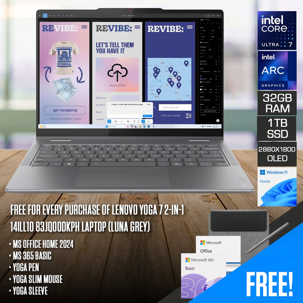 Lenovo Yoga 7 2-in-1 14ILL10 83JQ00DKPH Laptop (Luna Grey) | 14" 2.8K WQXGA+ (2880x1800) OLED 120Hz | Core Ultra 7 258V | 32GB RAM | 1TB SSD | Intel Arc Graphics 140V | Win11 Home | MS Office Home 2024 + MS 365 Basic + Yoga Pen+Yoga Slim Mouse+Yoga Sleeve