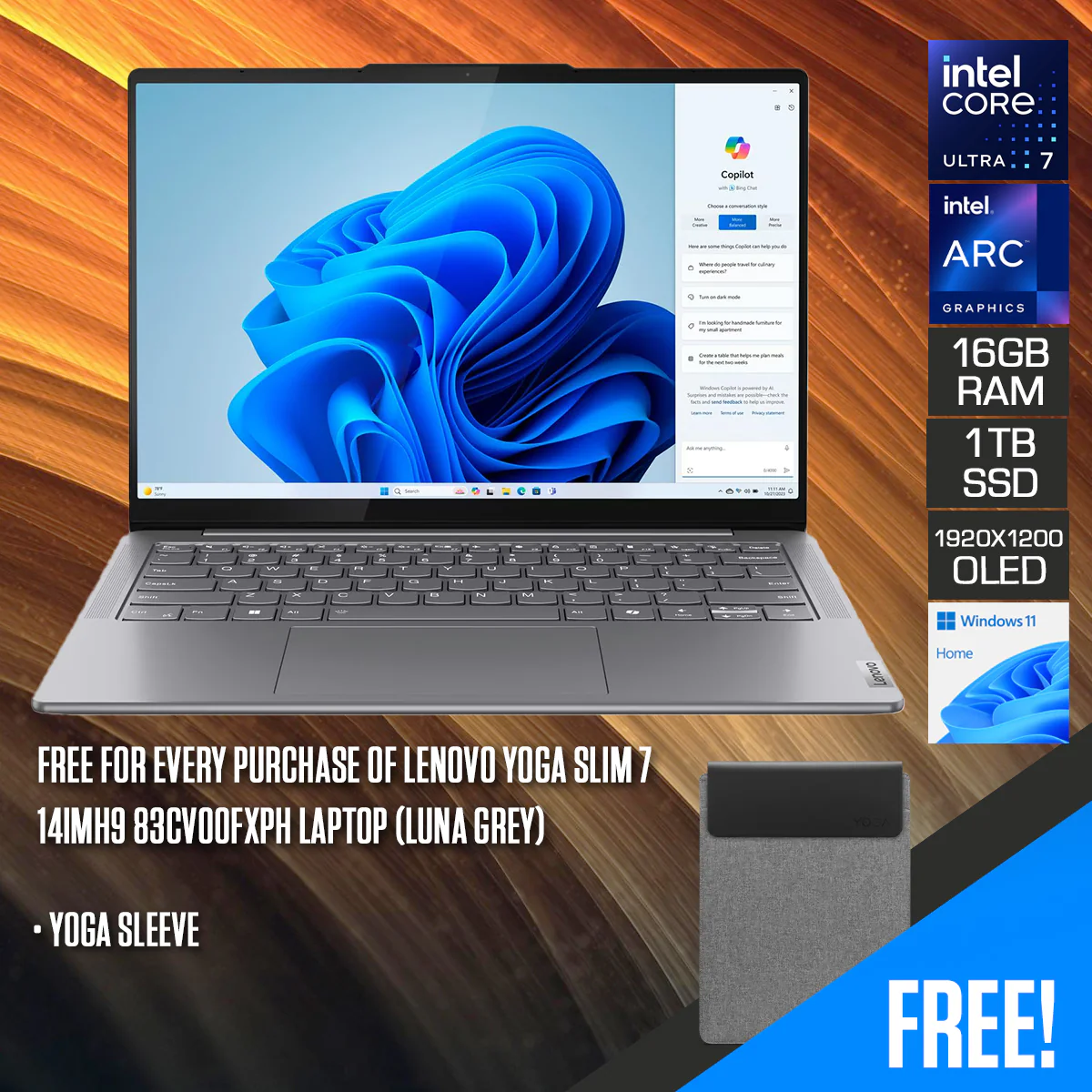Lenovo Yoga Slim 7 14IMH9 83CV00FXPH Laptop (Luna Grey) | 14" WUXGA (1920x1200) OLED | Core Ultra 7 155H | 16GB RAM | 1TB SSD | Intel Arc Graphics | Windows 11 Home | Yoga Sleeve