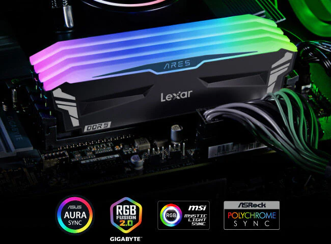 Lexar Ares RGB 32GB Kit (2x16GB) DDR5 6400MHz CL32 UDIMM Desktop Memory (Black) (LD5EU016G-R6400GDLA) - Image 2