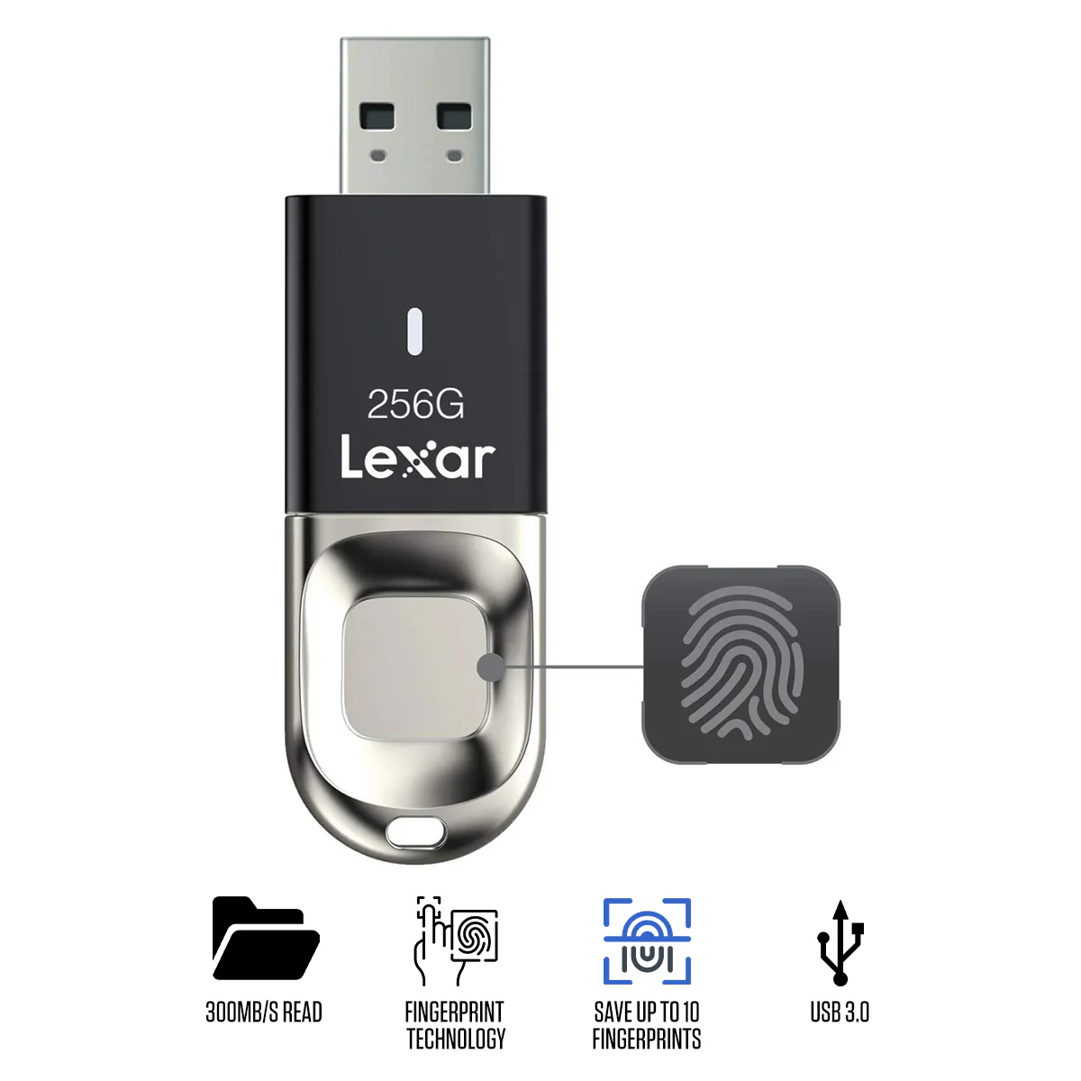 Lexar JumpDrive Fingerprint F35 256GB USB 3.0 Type-A 300MB/s Read Flash Drive (LJDF35-256BBK)