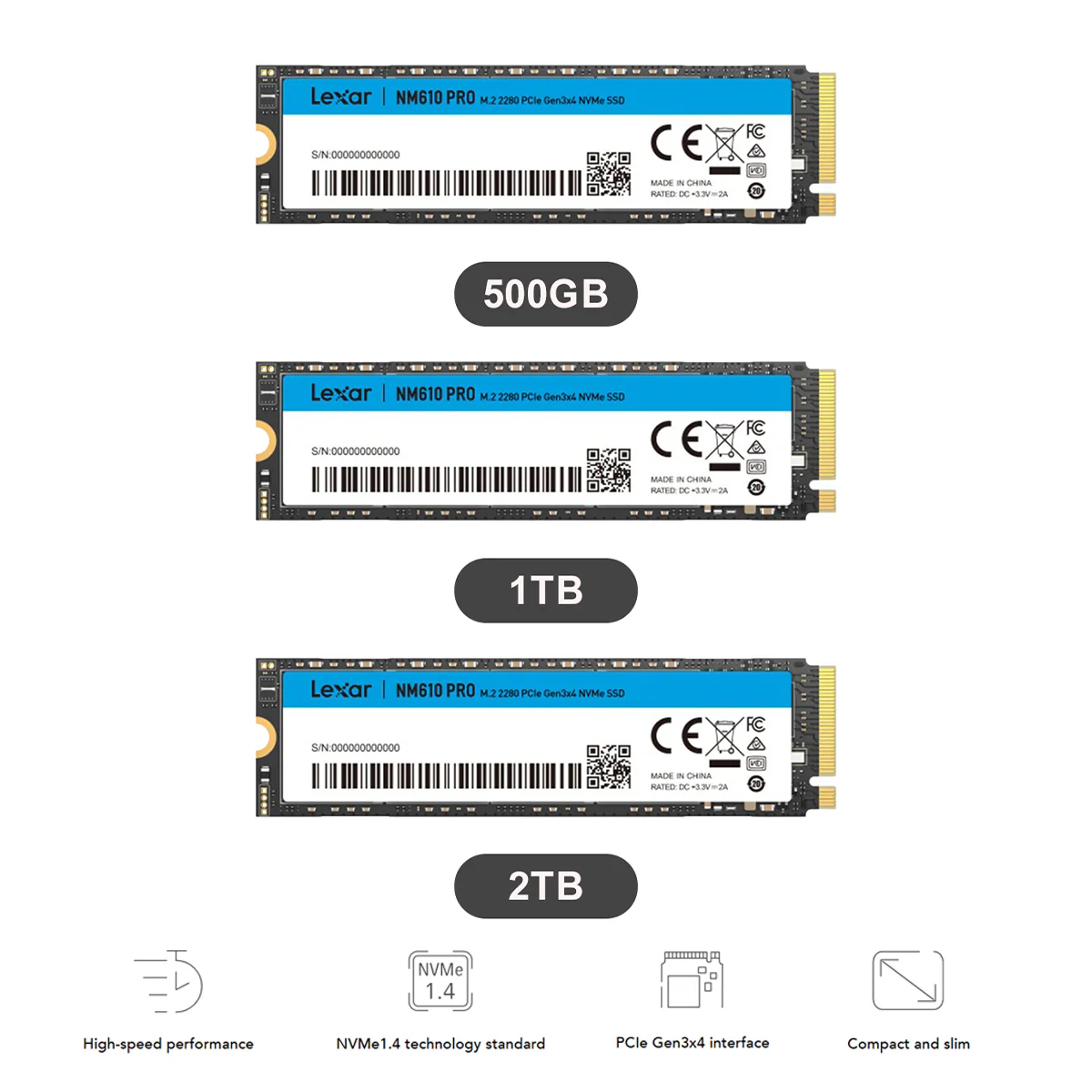 Lexar NM610 PRO M.2 2280 3300MB/s Read PCIe Gen3x4 NVMe SSD (500GB, 1TB, 2TB)  (LNM610P500G-RNNNG, LNM610P001T-RNNNG, LNM610P002T-RNNNG)