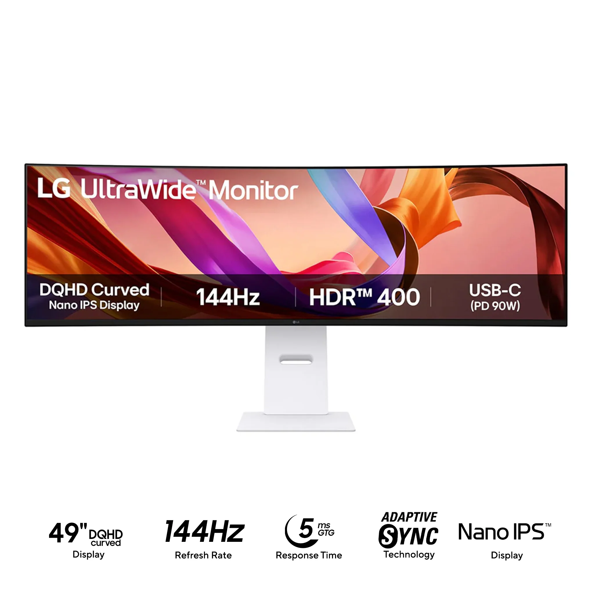 LG Ultrawide 49U950A-W 49" DUAL QHD (5120x1440) 144Hz 5ms (GtG at Faster) IPS Curved Nano Display Monitor With Tilt, Height, Swivel & Pivot Adjustment