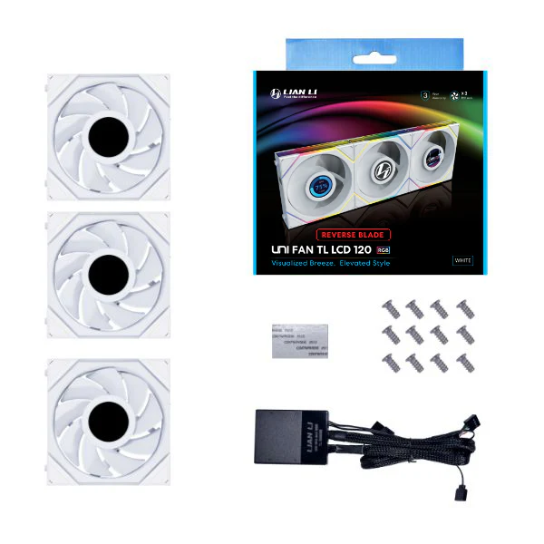 Lian Li Uni Fan TL LCD 120 RGB Reverse Blade 120mm Fan Triple Pack With Controller (White) (12RTLLCD3W) - Image 4