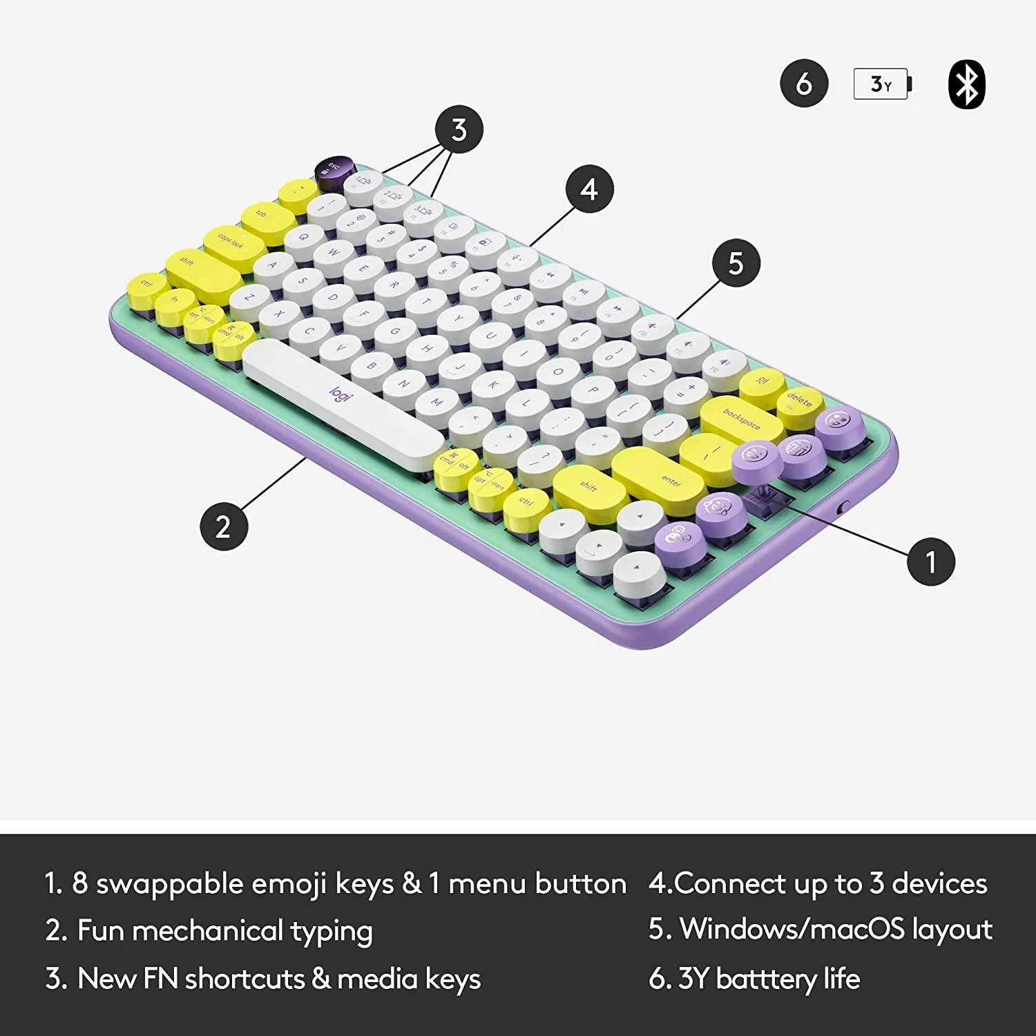 Logitech Pop Keys Wireless Mechanical Keyboard With Customizable Emoji Keys (Daydream Mint) - Image 3