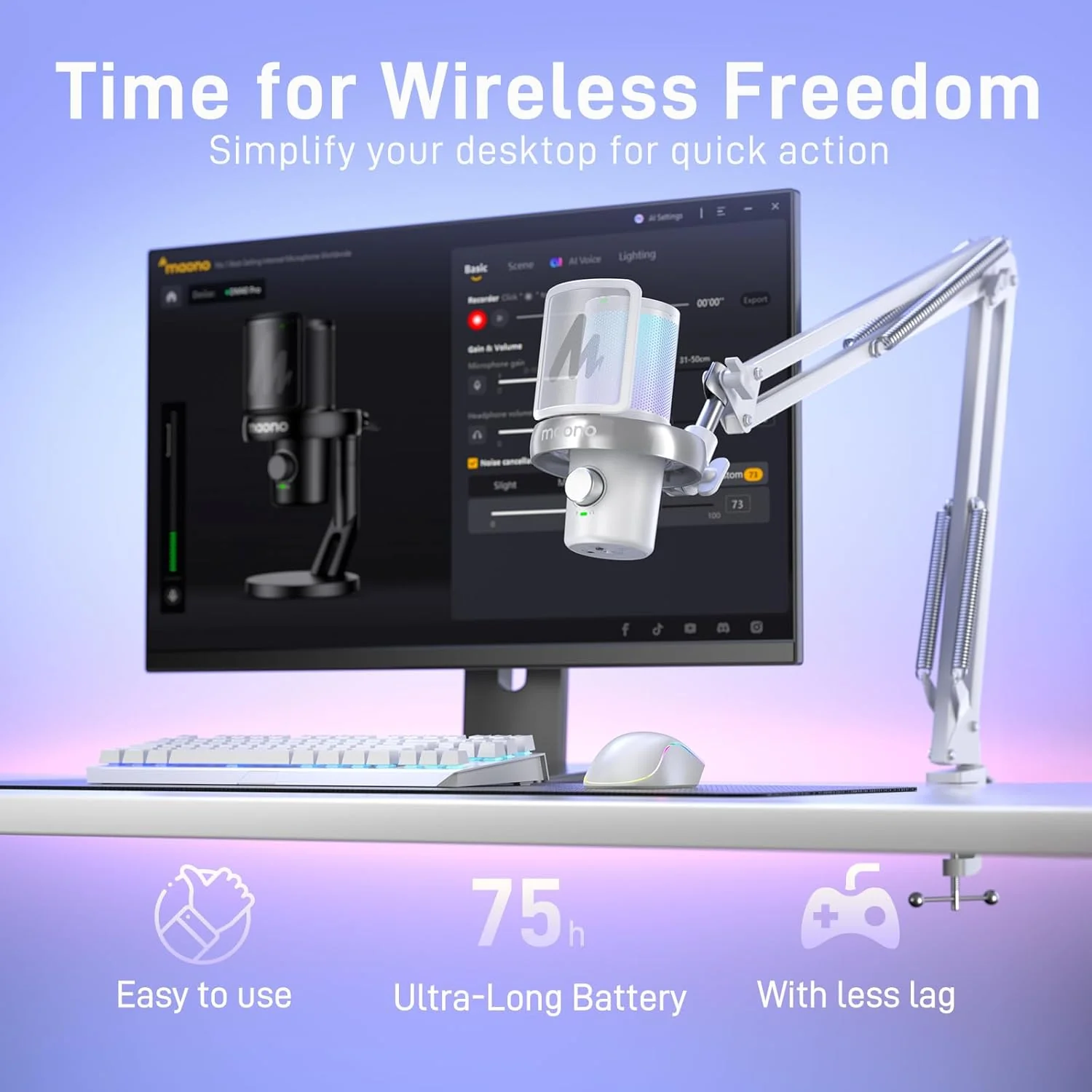 Maono DM40 Pro S Wireless RGB Condenser Gaming Desktop Microphone with Boom Arm (Black, White) - Image 3