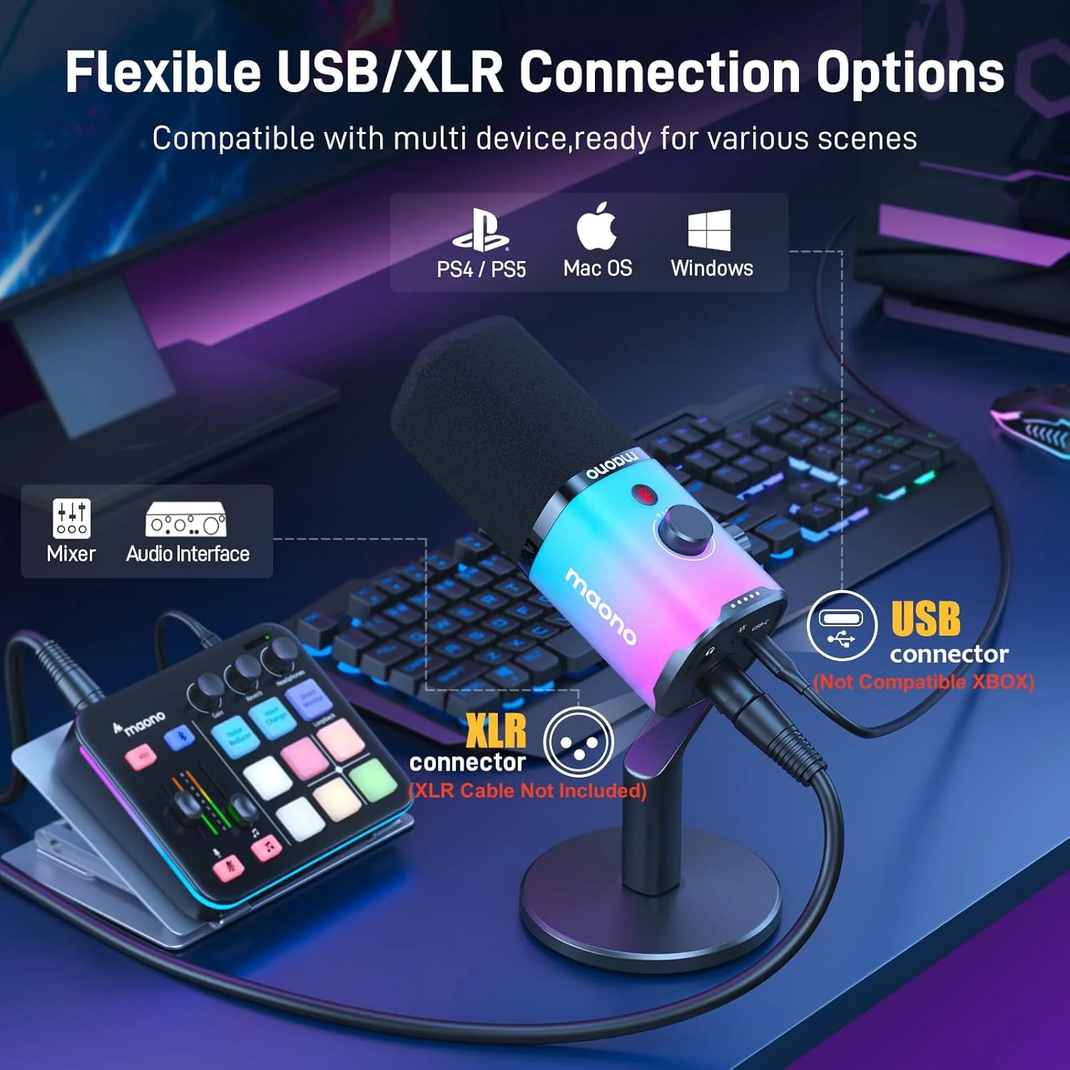 Maono PD100X RGB USB/XLR Dynamic Microphone for Game Streamers (Black) - Image 6