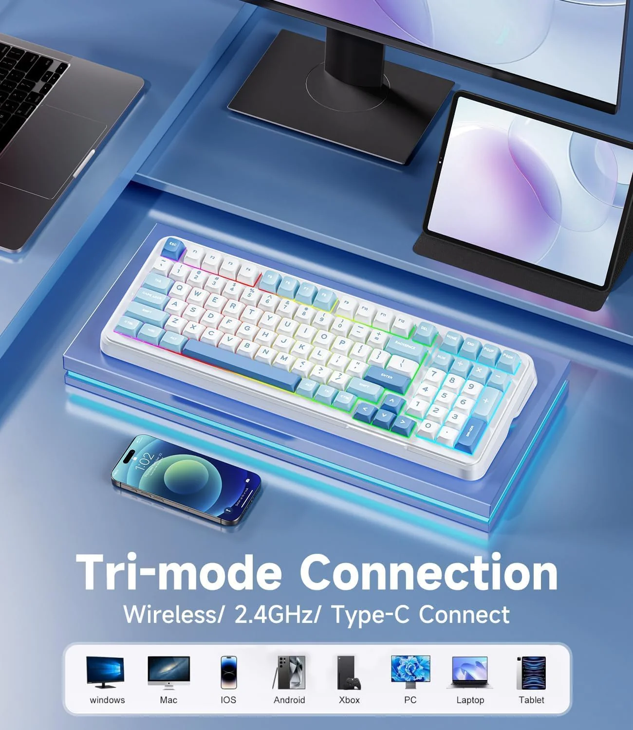 MCHOSE K99 V2 RGB Tri-Mode Hot-Swappable Mechanical Keyboard (Sky Blue) (Hyacinth Purple Switch) - Image 2