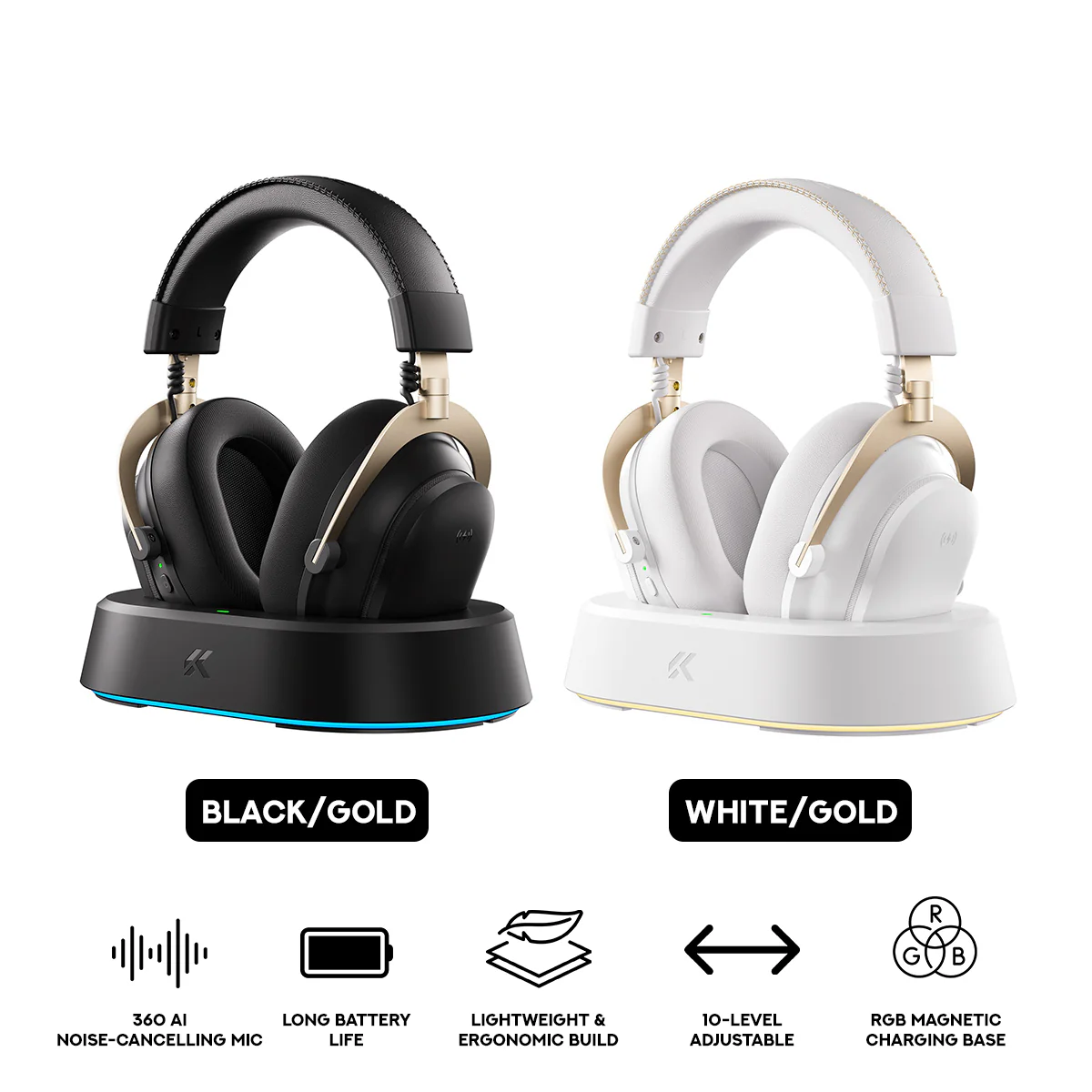MCHOSE V9 Turbo RGB Wireless Gaming Headset (Black/Gold, White/Gold)