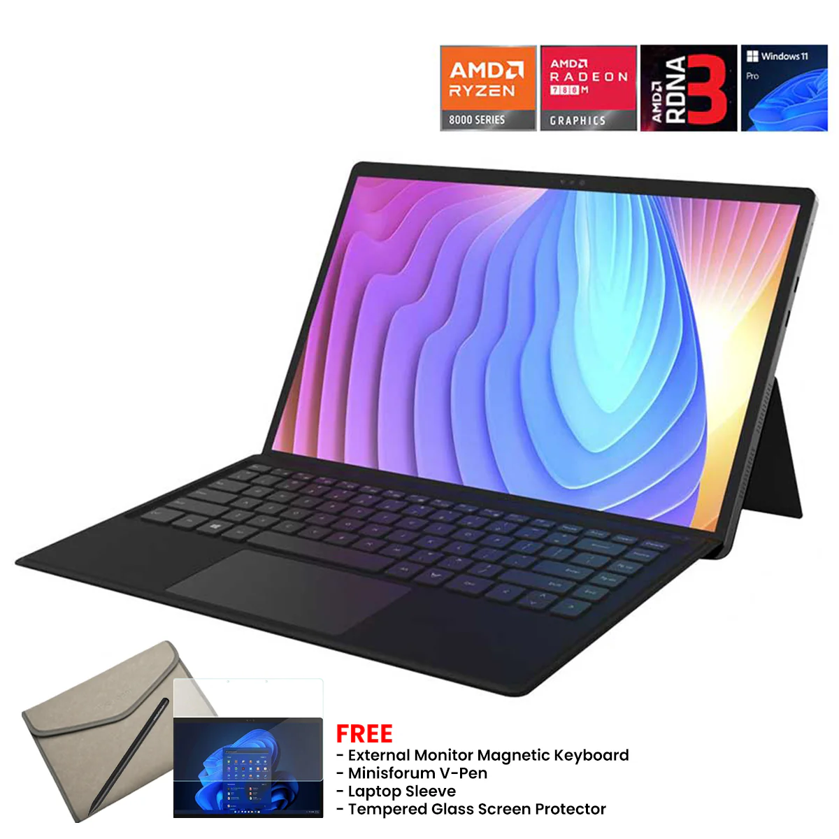 Minisforum V3 | 14" WQXGA (2560x1600) 165Hz | AMD Ryzen 7 8840U | 32GB LPDDR5 6400MHz | 1TB SSD | 3-in-1 | Windows 11 Pro | Laptop | Tablet | External Monitor | Magnetic Keyboard l Minisforum V-Pen l Laptop Sleeve l Tempered Glass Screen Protector