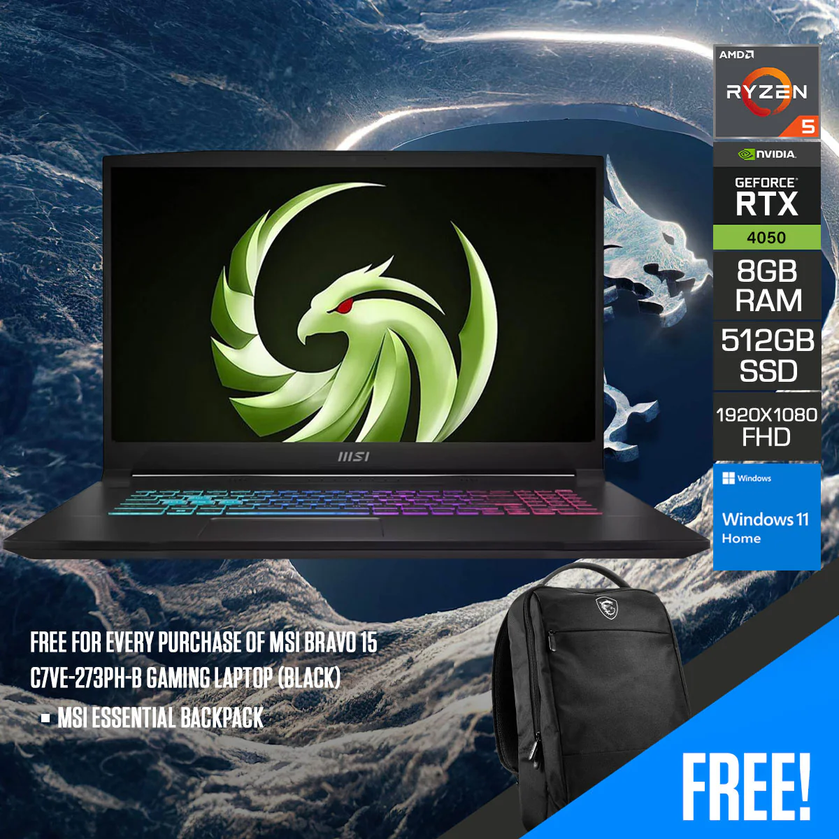 MSI Bravo 15 C7VE-273PH-B Gaming Laptop (Black) | 15.6" FHD (1920X1080) | Ryzen 5 7535HS | 8GB RAM (W/ 2 Memory Slots Upgradeable Up To 64GB) | 512GB SSD | RTX 4050 | Windows 11 Home | MSI Essential Backpack