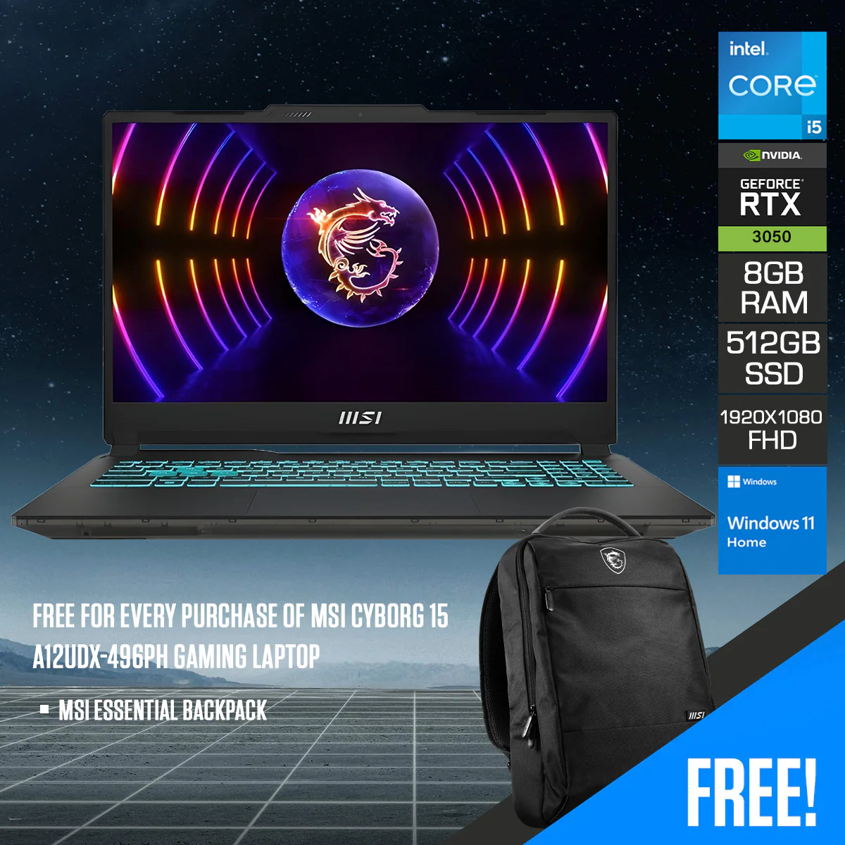 MSI Cyborg 15 A12UDX-496PH Gaming Laptop | 15.6" FHD (1920X1080) | 144HZ IPS | i5-12450H | 8GB RAM | 512GB SSD | RTX 3050 | Windows 11 Home | MSI Essential Backpack
