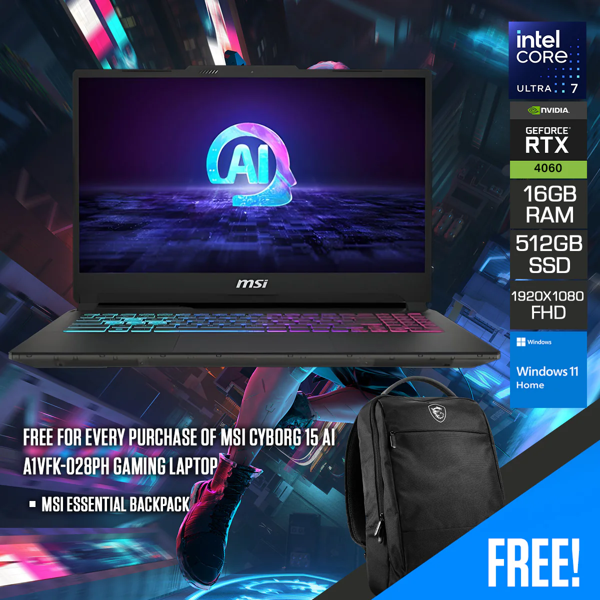 MSI Cyborg 15 AI A1VFK-028PH Gaming Laptop | 15.6" FHD (1920X1080) 144HZ IPS | Intel Core Ultra 7 155H | 16GB RAM | 512GB SSD | RTX 4060 | Windows 11 Home  | MSI Essential Backpack - Image 7