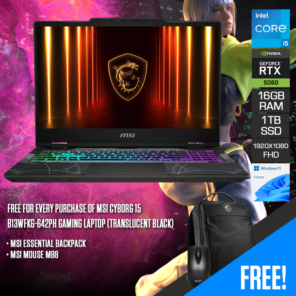 MSI Cyborg 15 B13WFKG-642PH Gaming Laptop (Translucent Black) | 15.6" FHD (1920x1080) 144Hz IPS | Core i5-13420H | 16GB (8GBx2) RAM | 1TB SSD | RTX 5060 | Windows 11 Home | MSI Essential Backpack + MSI Mouse M88