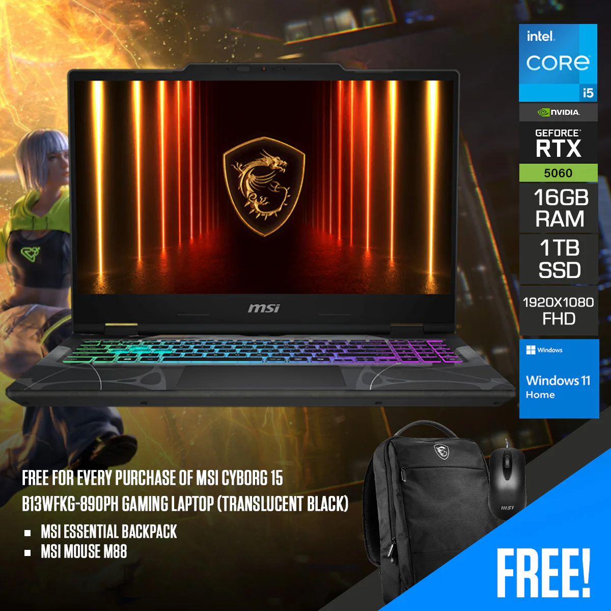 MSI Cyborg 15 B13WFKG-890PH Gaming Laptop (Translucent Black) | 15.6" FHD (1920x1080) 144Hz IPS | Core i5-13420H | 16GB RAM | 1TB SSD | RTX 5060 | Windows 11 Home | MSI Essential Backpack + MSI Mouse M88