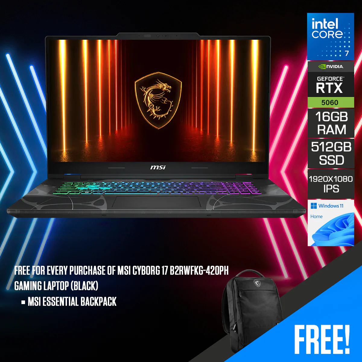 MSI Cyborg 17 B2RWFKG-420PH Gaming Laptop (Translucent Black) | 17.3" FHD (1920x1080) 144Hz IPS | Core 7-240H | 16GB RAM | 512GB SSD | RTX 5060 | Windows 11 Home | MSI Essential Backpack
