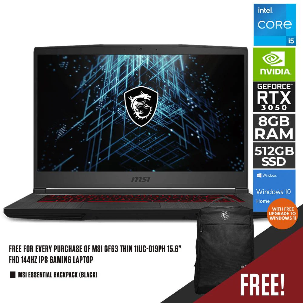 MSI GF63 Thin 11UC-019PH Gaming Laptop (Black) | 15.6" FHD | i5-11400H | 512GB SSD | RTX 3050 | WIN10 + MSI Essential Backpack (Black)