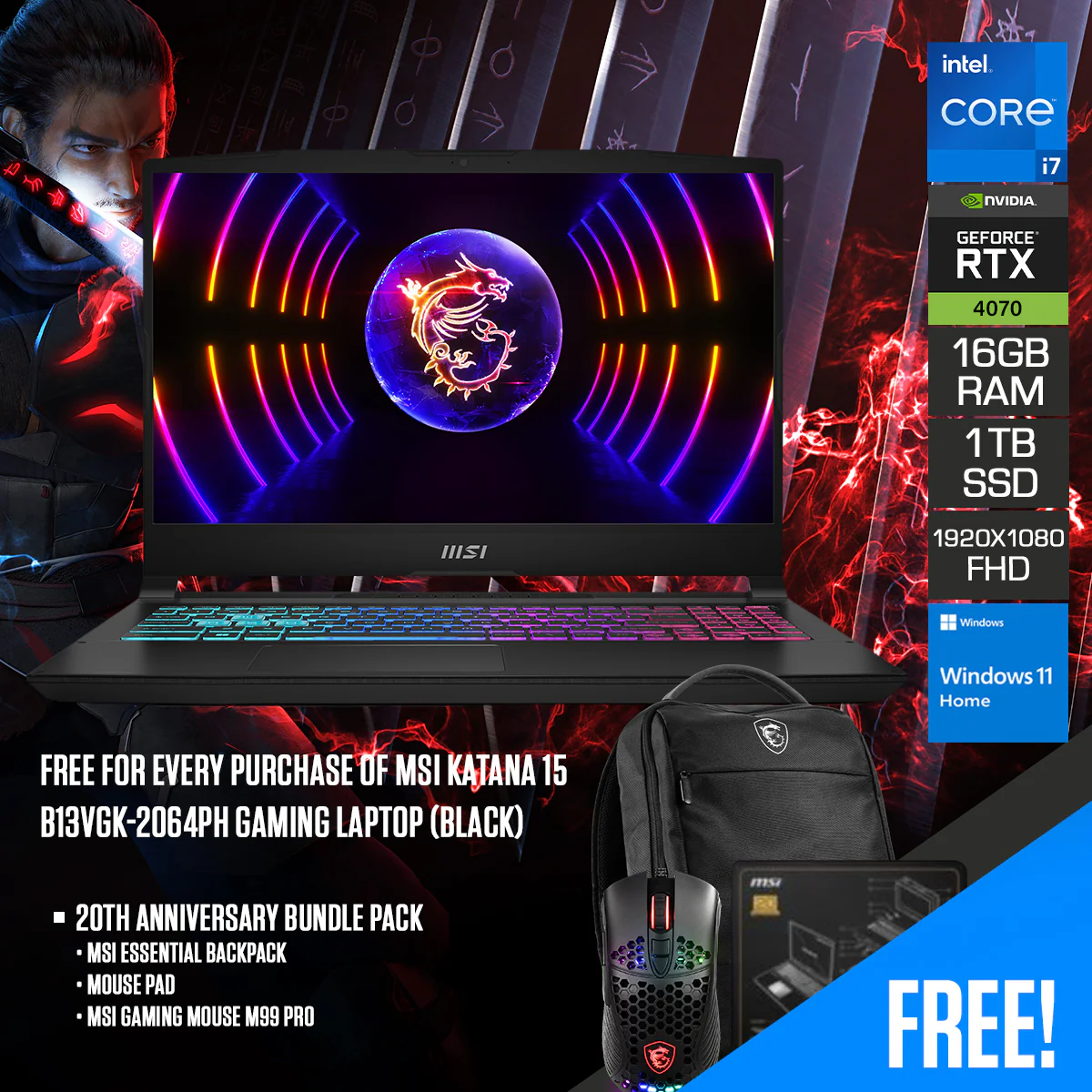 MSI Katana 15 B13VGK-2064PH Gaming Laptop (Black) | 15.6" FHD (1920x1080) 144Hz IPS | i7-13620H | 16GB RAM | 1TB SSD | RTX 4070 | Windows 11 Home | 20th Anniversary Bundle Pack