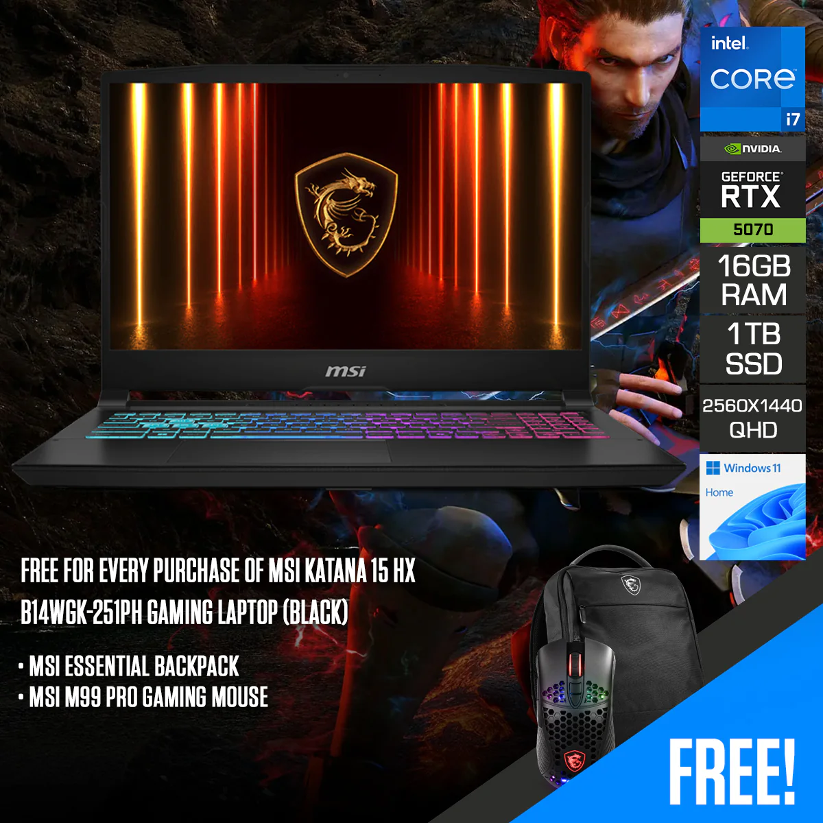 MSI Katana 15 HX B14WGK-251PH Gaming Laptop (Black) | 15.6" QHD (2560x1440) 165Hz | Core i7-14650HX | 16GB RAM | 1TB SSD | RTX 5070 | Windows 11 Home | MSI Essential Backpack + MSI M99 Pro Gaming Mouse