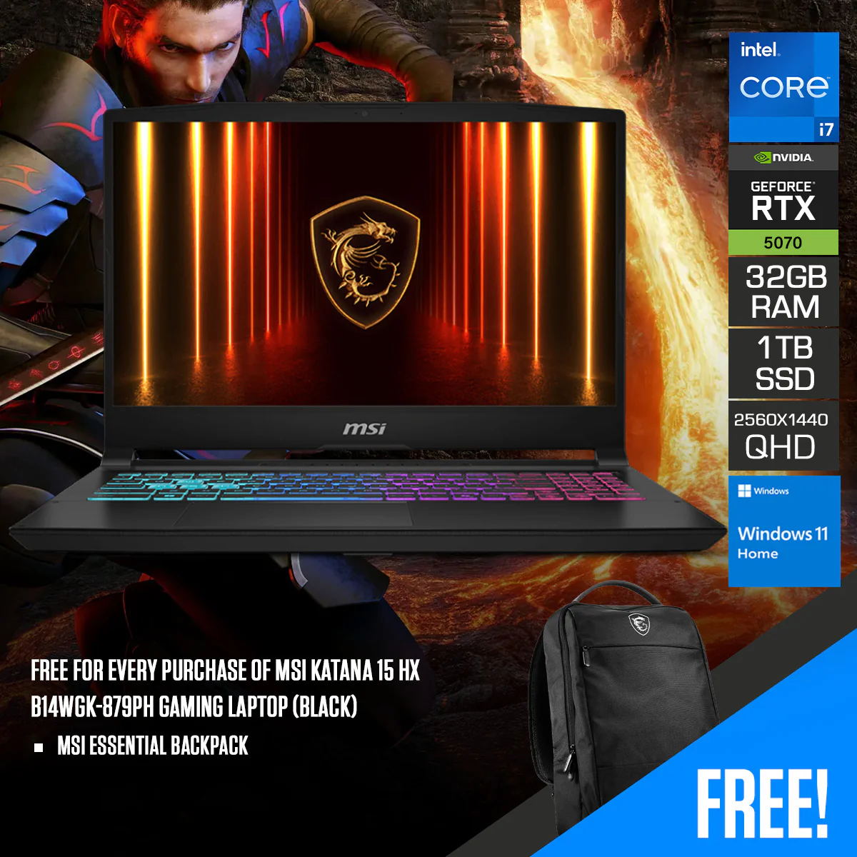 MSI Katana 15 HX B14WGK-879PH Gaming Laptop (Black) | 15.6" QHD (2560x1440) 165Hz IPS | Core i7-14650HX | 32GB RAM | 1TB SSD | RTX 5070 | Windows 11 Home | MSI Essential Backpack