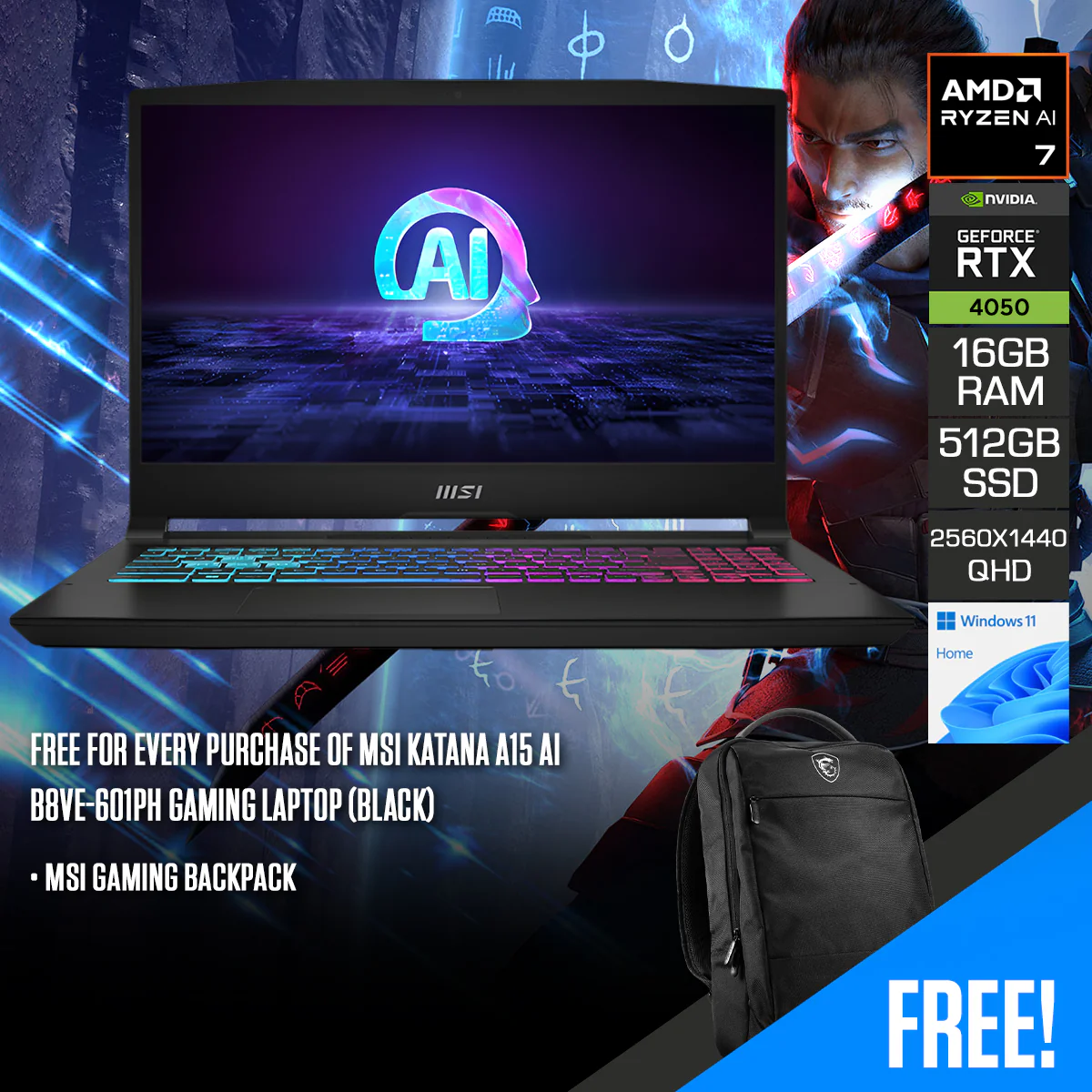 MSI Katana A15 AI B8VE-601PH Gaming Laptop (Black) | 15.6" QHD (2560x1440) 165Hz | Ryzen 7 8845HS | 16GB RAM | 512GB SSD | RTX 4050 | Windows 11 Home | MSI Gaming Backpack