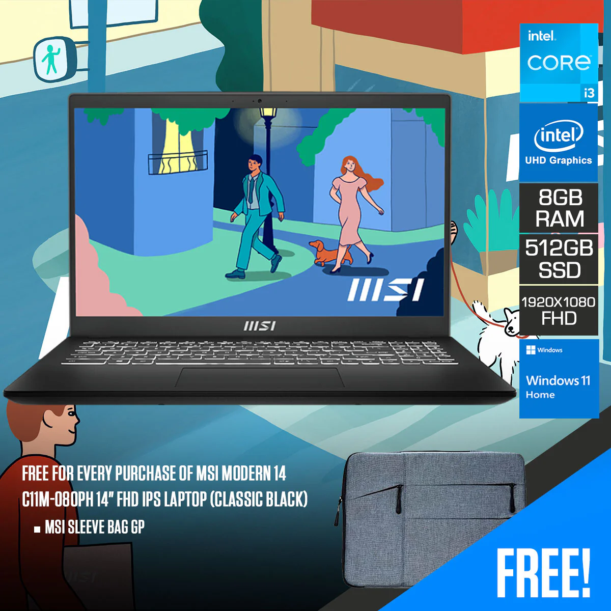 MSI Modern 14 C11M-080PH 14" FHD IPS Laptop (Classic Black) | 14" FHD (1920*1080) | i3-1115G4 | 8GB RAM | 512GB SSD | Intel UHD Graphics | Windows 11 | MSI Sleeve Bag