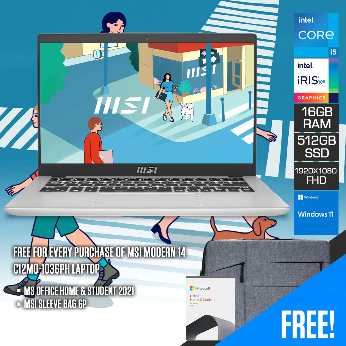 MSI Modern 14 C12MO-1036PH Laptop (Urban Silver) | 14" FHD (1920X1080) IPS | I5-1235U | 16GB RAM | 512GB SSD | Intel Iris Xe | Windows 11 | MS Office Home & Student 2021 | MSI Sleeve Bag GP
