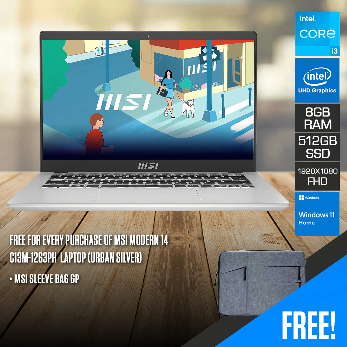 MSI Modern 14 C13M-1263PH Laptop (Urban Silver) | 14" FHD (1920x1080) IPS | i3-1315U | 8GB RAM | 512GB SSD | Intel UHD Graphics | Windows 11 Home + MSI Sleeve Bag GP