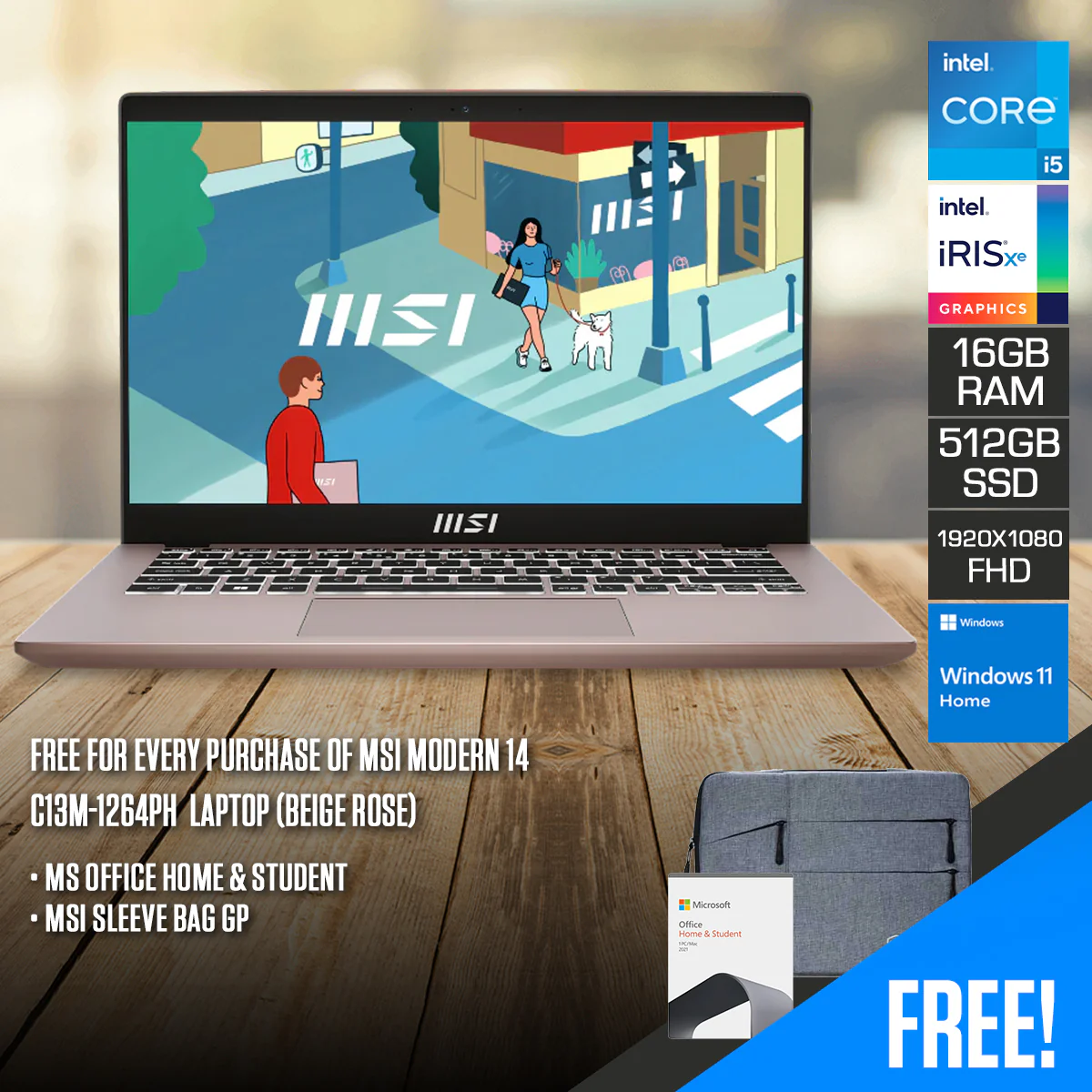 MSI Modern 14 C13M-1264PH Laptop (Beige Rose) | 14" FHD (1920x1080) IPS | i5-1335U | 16GB RAM | 512GB SSD | Iris Xe Graphics | Windows 11 Home + MS Office Home & Student 2021 + MSI Sleeve Bag GP