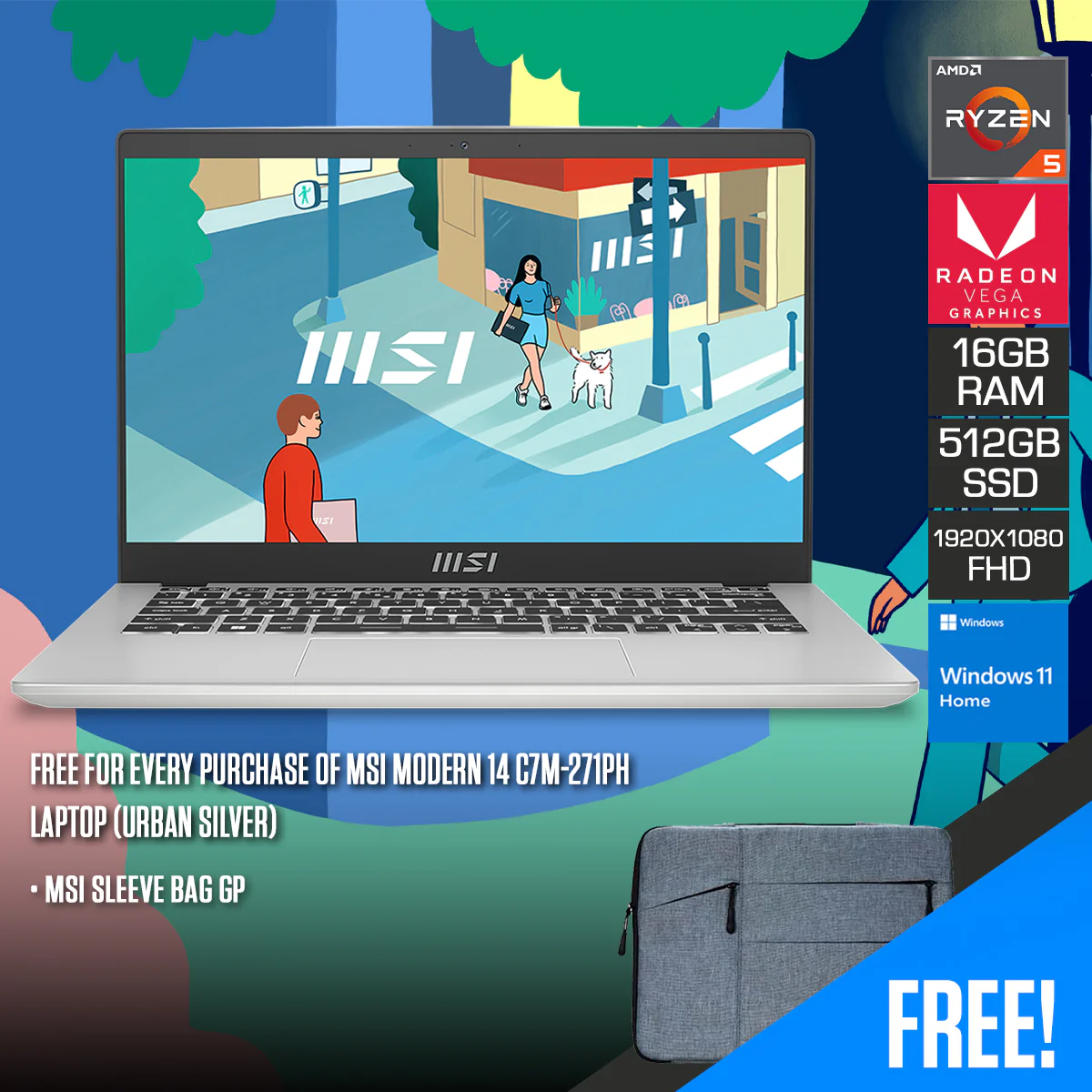 MSI Modern 14 C7M-271PH Laptop (Urban Silver) | 14" FHD (1920x1080) IPS | Ryzen 5 7530U | 16GB RAM | 512GB SSD | RX Vega Graphics | Windows 11 Home | MSI Sleeve Bag GP