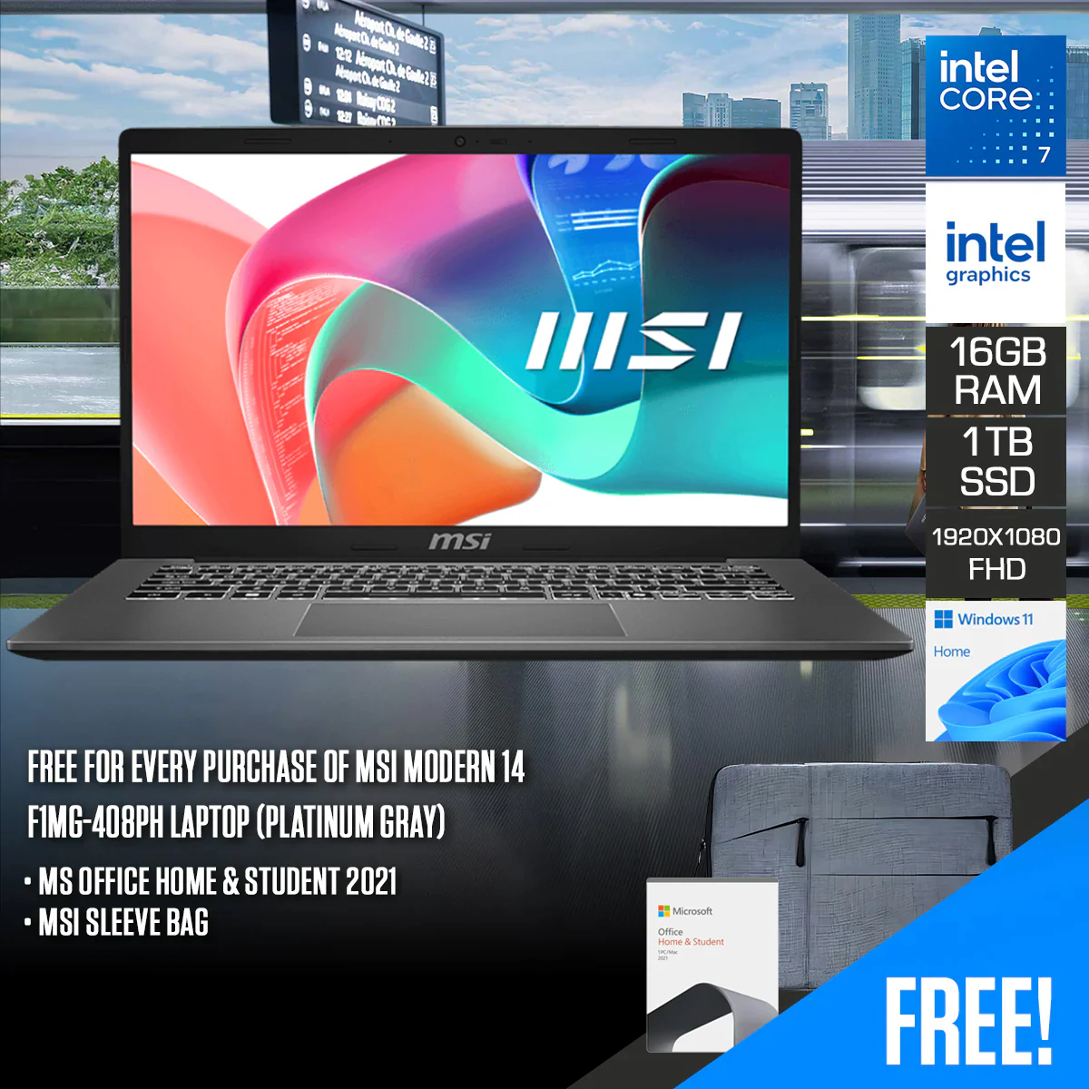MSI Modern 14 F1MG-408PH Laptop (Platinum Gray) | 14" FHD (1920x1080) | Core 7-150U | 16GB RAM | 1TB SSD | Intel Graphics | Windows 11 Home | MS Office Home & Student 2021 + MSI Sleeve Bag
