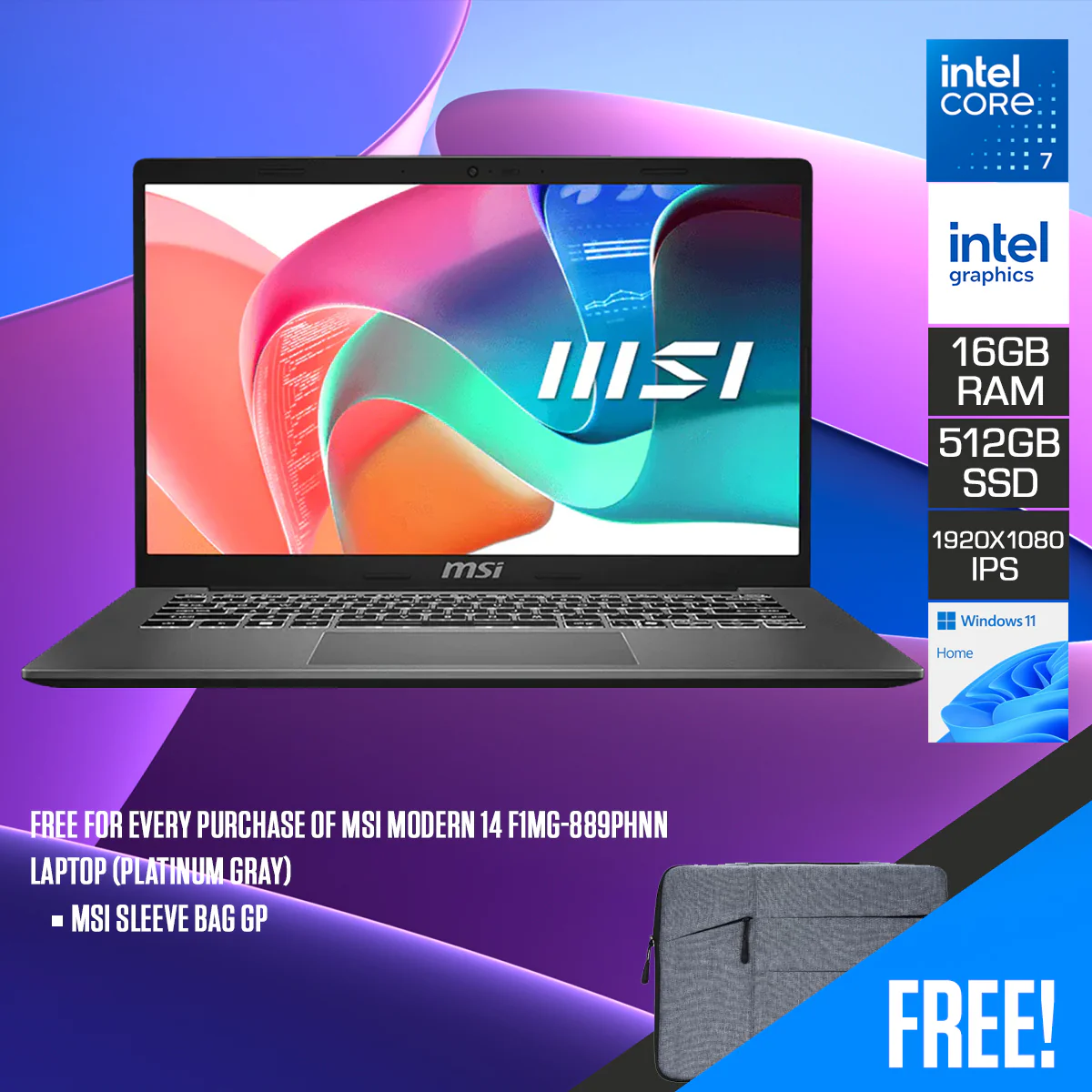 MSI Modern 14 F1MG-889PHNN Laptop (Platinum Gray) | 14" FHD (1920x1080) IPS | Intel Core 7-150U | 16GB RAM | 512GB SSD | Intel Graphics | Windows 11 Home | MSI Sleeve Bag GP
