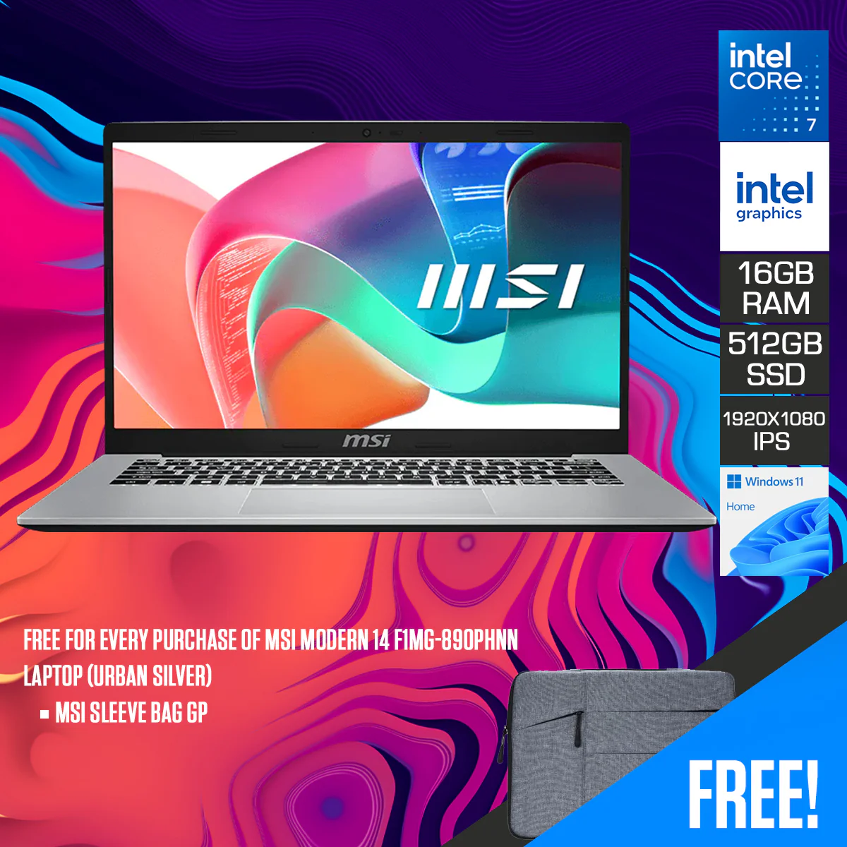 MSI Modern 14 F1MG-890PHNN Laptop (Urban Silver) | 14" FHD (1920x1080) IPS | Intel Core 7-150U | 16GB RAM | 512GB SSD | Intel Graphics | Windows 11 Home | MSI Sleeve Bag GP