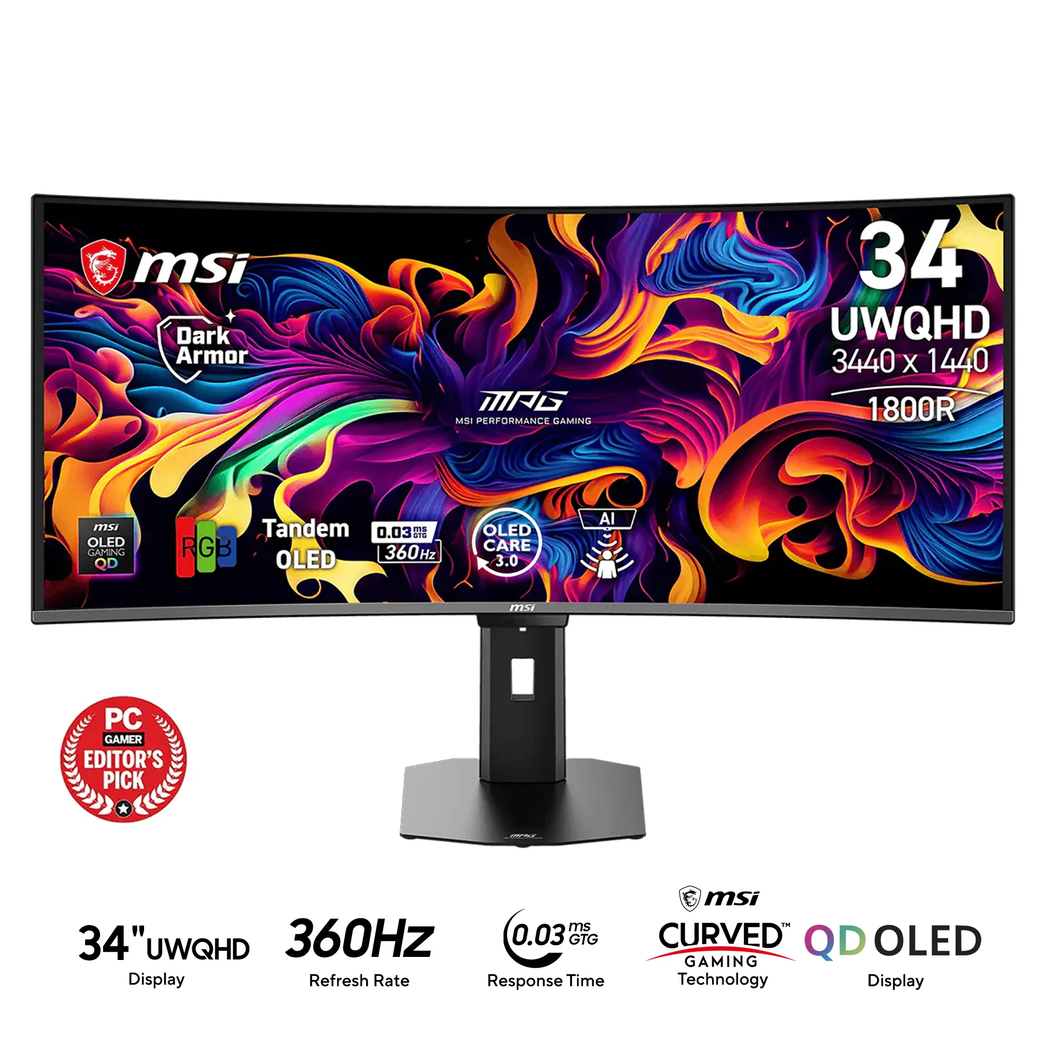 MSI MPG 341CQR QD-OLED X36 34" UWQHD (3440x1440) 360Hz 0.03ms (GtG) Curved Gaming Monitor with Tilt/ Height/ Pivot/ Swivel Adjustment