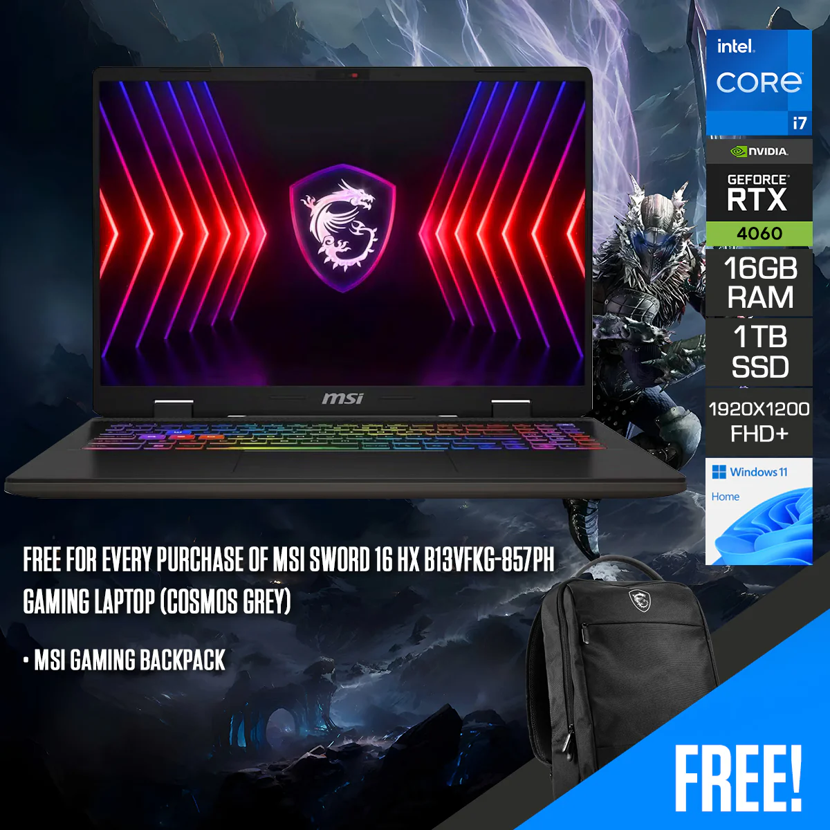 MSI Sword 16 HX B13VFKG-857PH Gaming Laptop (Cosmos Grey) | 16" FHD+ (1920x1200) 165Hz | i7-13700HX | 16GB RAM | 1TB SSD | RTX 4060 | Windows 11 Home | MSI Gaming Backpack