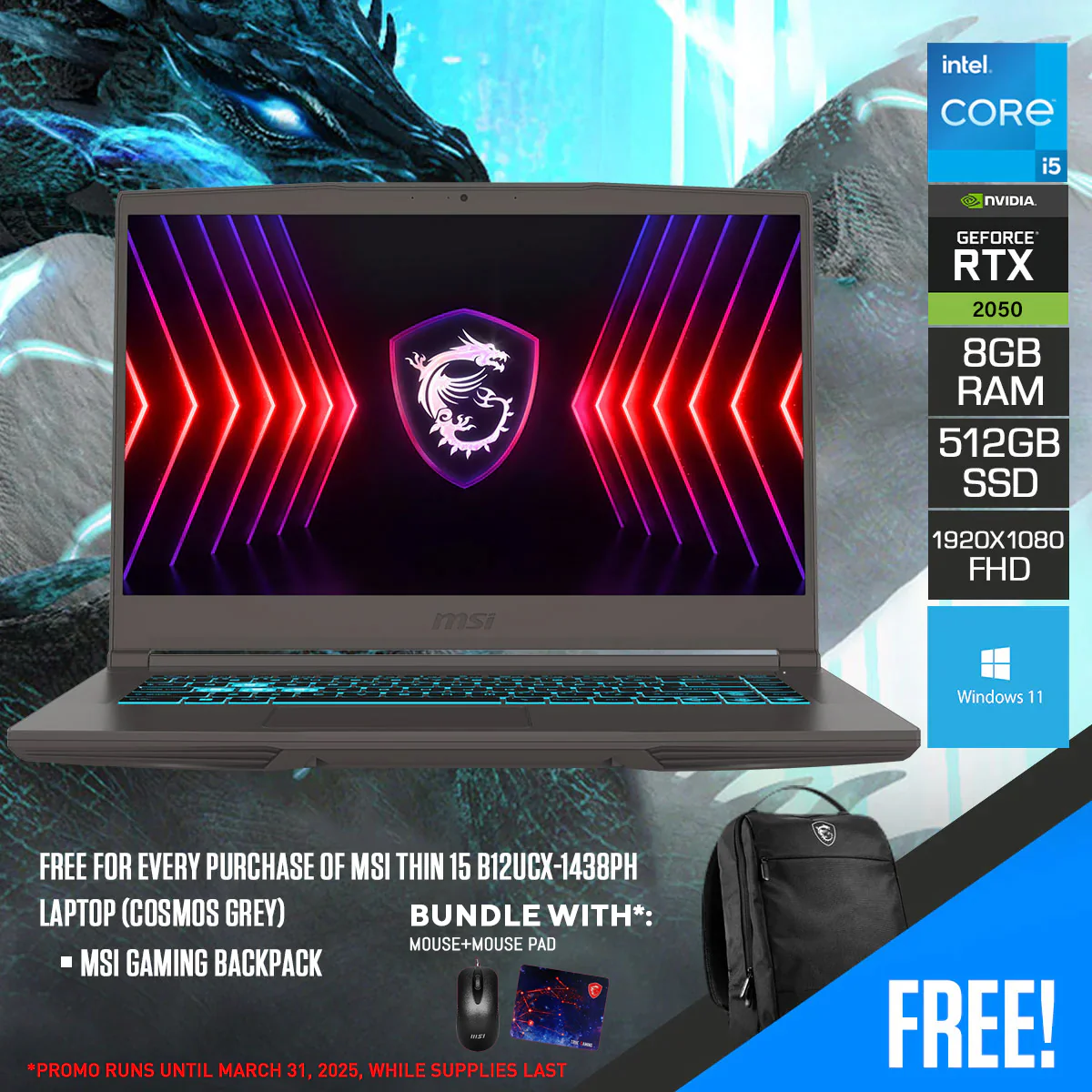 MSI Thin 15 B12UCX-1438PH  Laptop (Cosmos Grey) | 15.6" FHD (1920x1080) 144Hz IPS | i5-12450H | 8GB RAM | 512GB SSD | RTX 2050 | Windows 11 | MSI Gaming Backpack