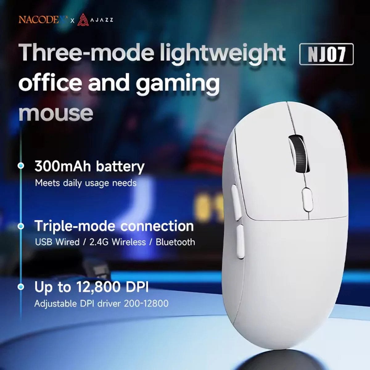 NacodeX x Ajazz NJ07 Tri-Mode Lightweight Gaming Mouse (Black, White) - Image 8