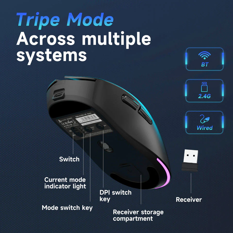 NacodeX x Ajazz NJ08 Tri-Mode RGB Gaming Mouse (Black, White) - Image 3